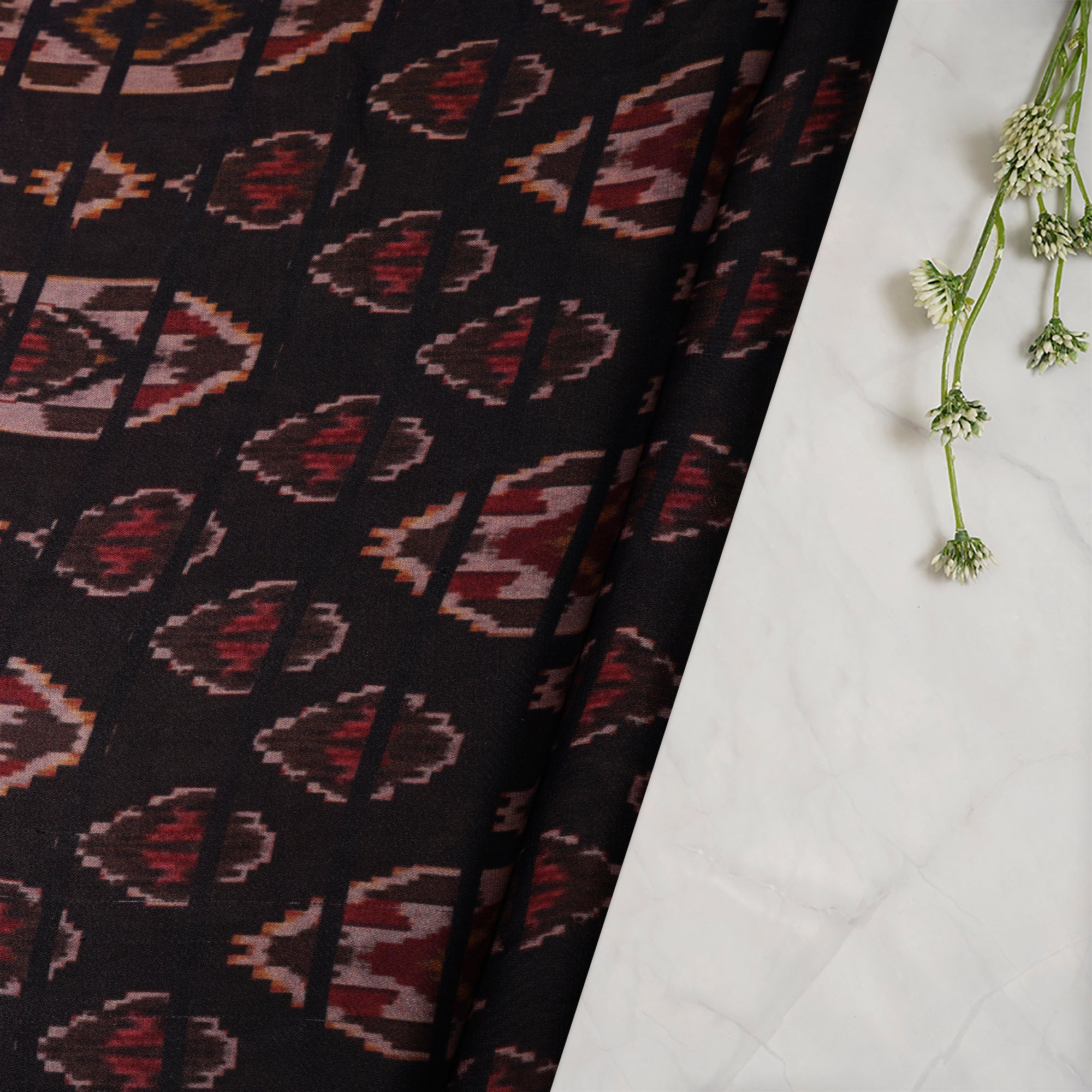(Pre-Cut 2.30 Mtr)Dark Brown Ikat Pattern Digital Printed Bemberg Satin Fabric