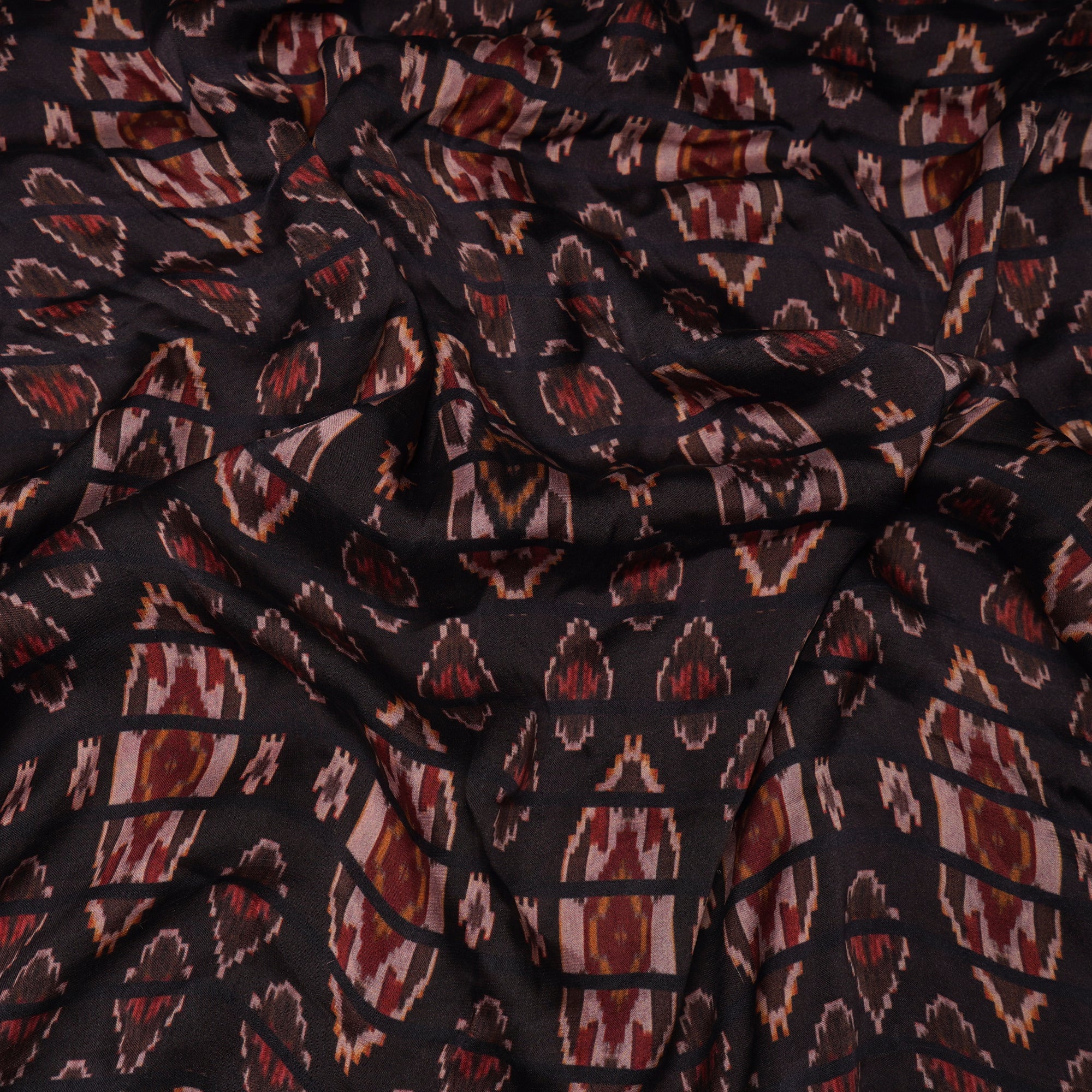 (Pre-Cut 2.30 Mtr)Dark Brown Ikat Pattern Digital Printed Bemberg Satin Fabric
