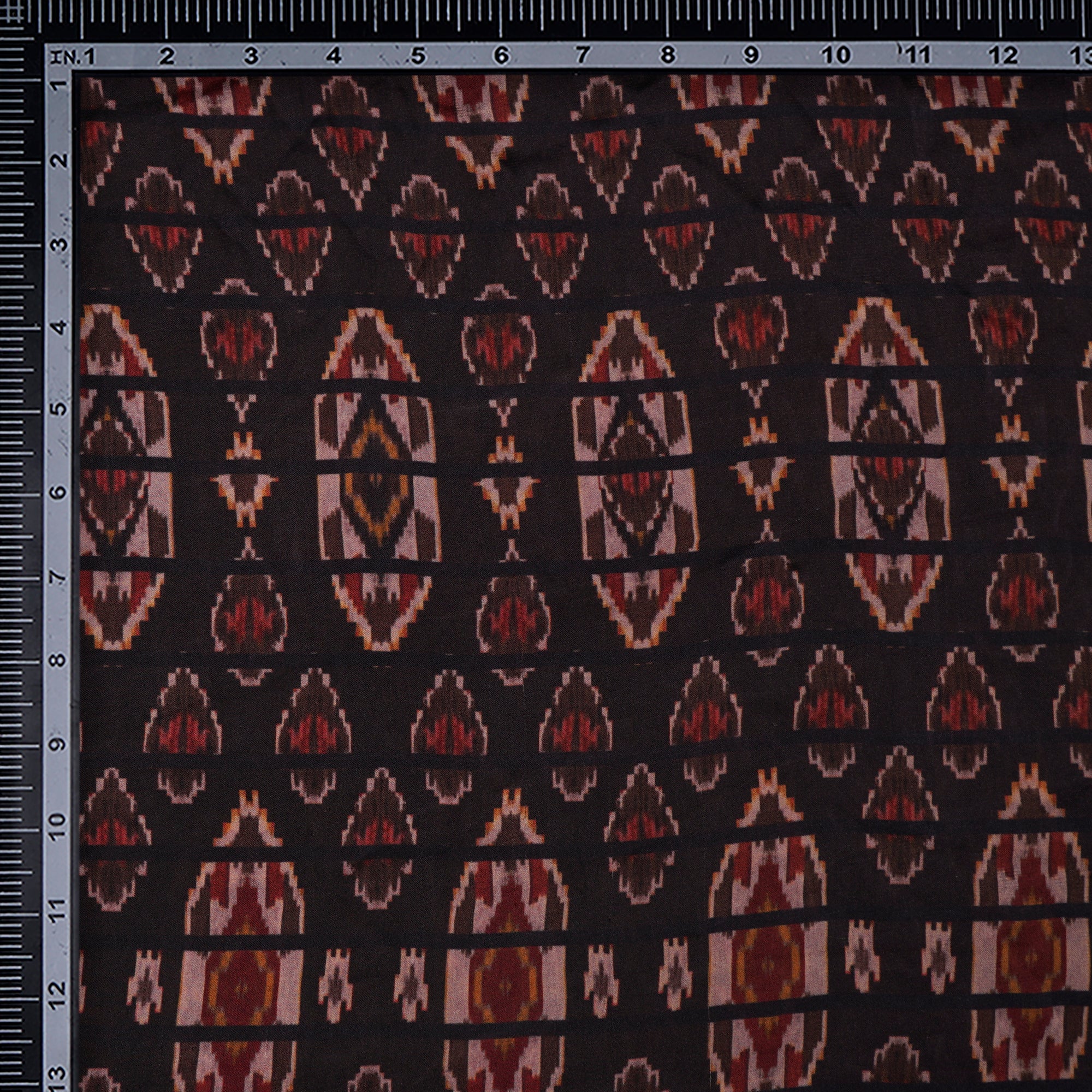 (Pre-Cut 2.30 Mtr)Dark Brown Ikat Pattern Digital Printed Bemberg Satin Fabric