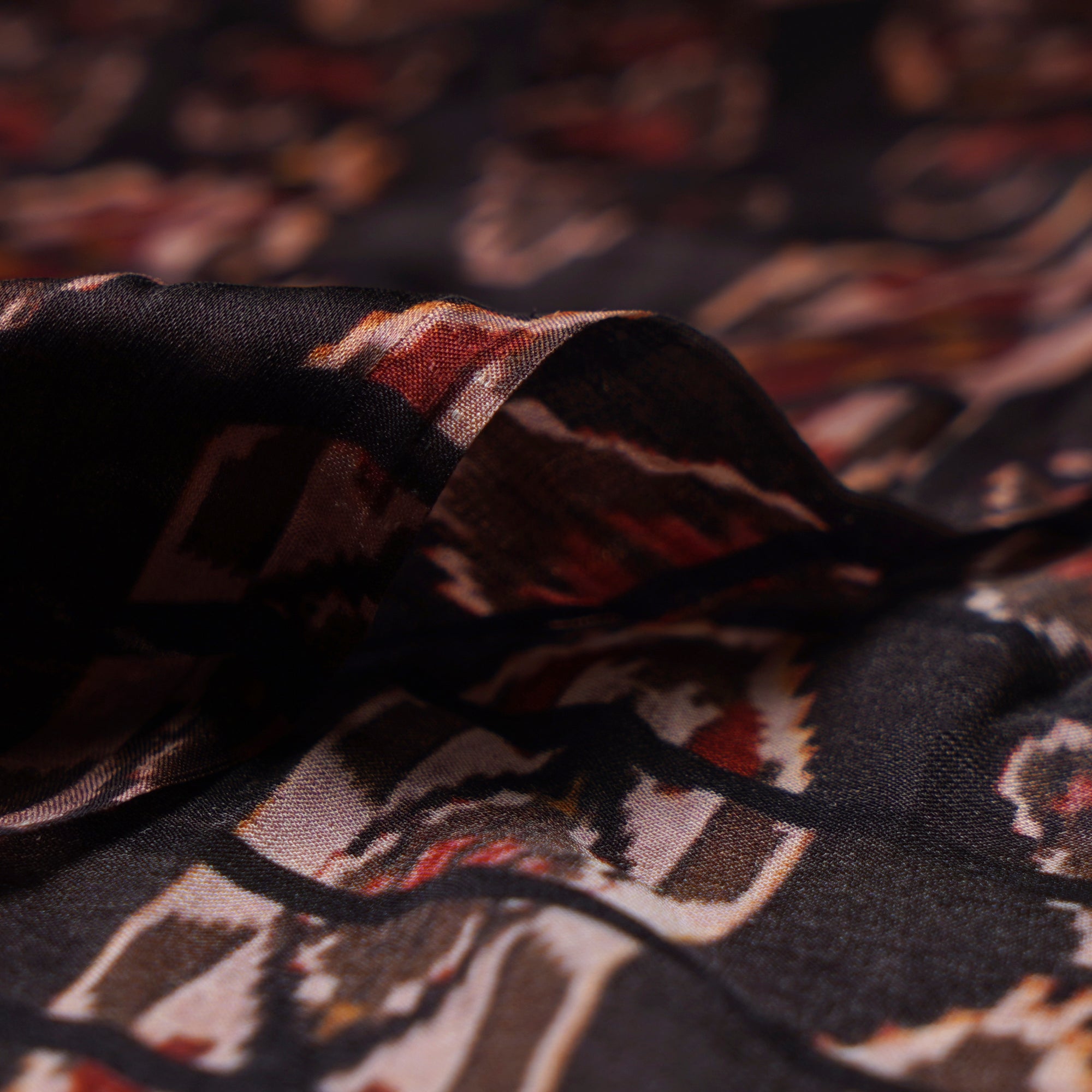 (Pre-Cut 2.30 Mtr)Dark Brown Ikat Pattern Digital Printed Bemberg Satin Fabric