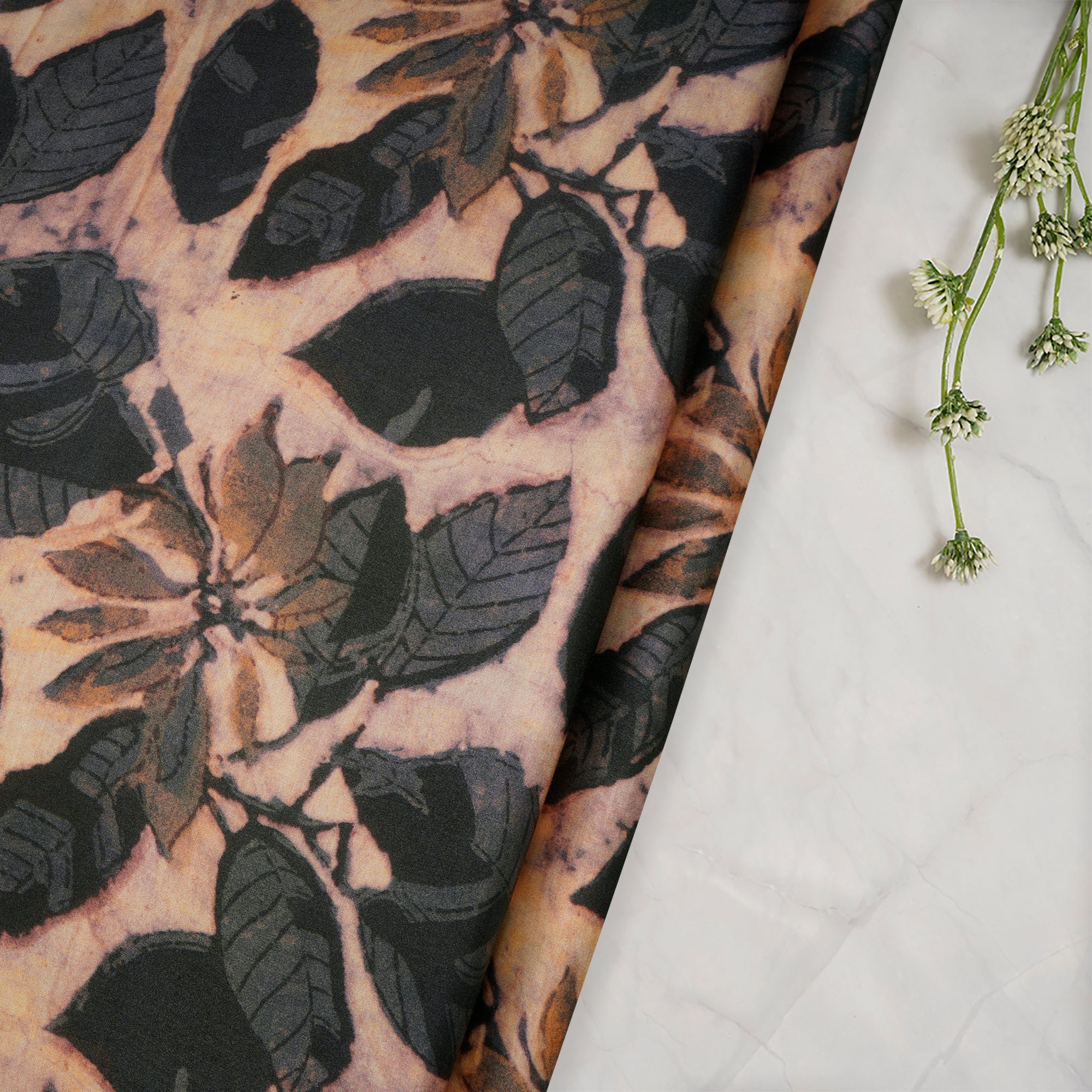 (Pre-Cut 1.50 Mtr)Light Brown Leaf Pattern Digital Print Modal Satin Fabric