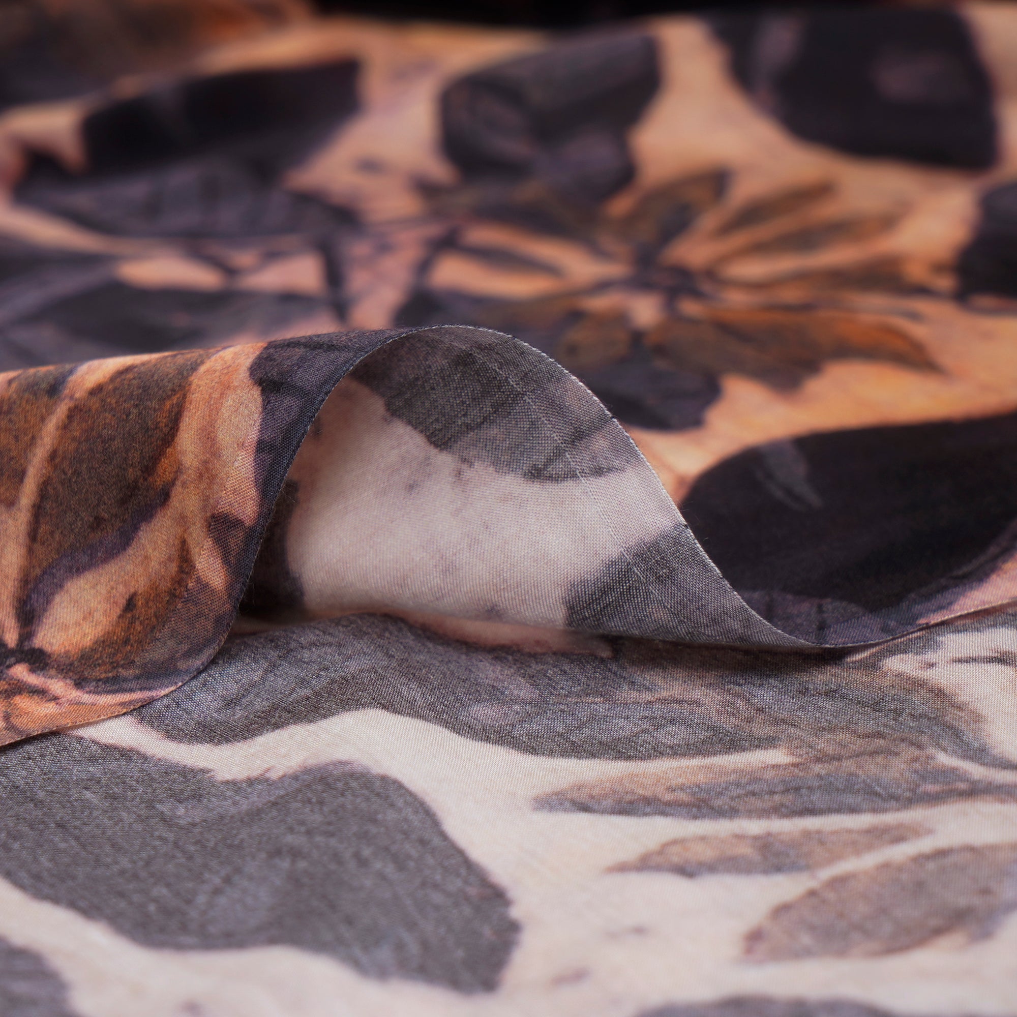 (Pre-Cut 1.50 Mtr)Light Brown Leaf Pattern Digital Print Modal Satin Fabric