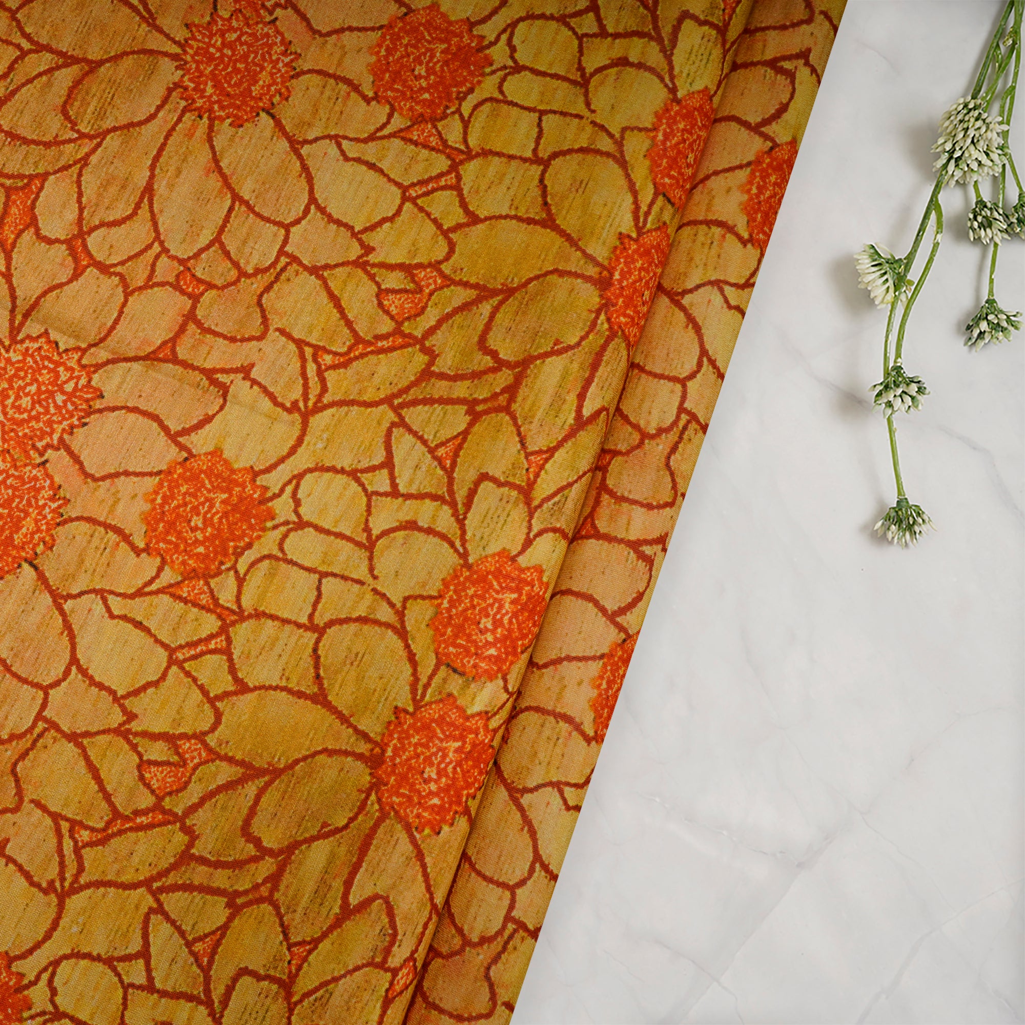 (Pre-Cut 0.60 Mtr)Orange Floral Pattern Digital Print Chanderi Fabric