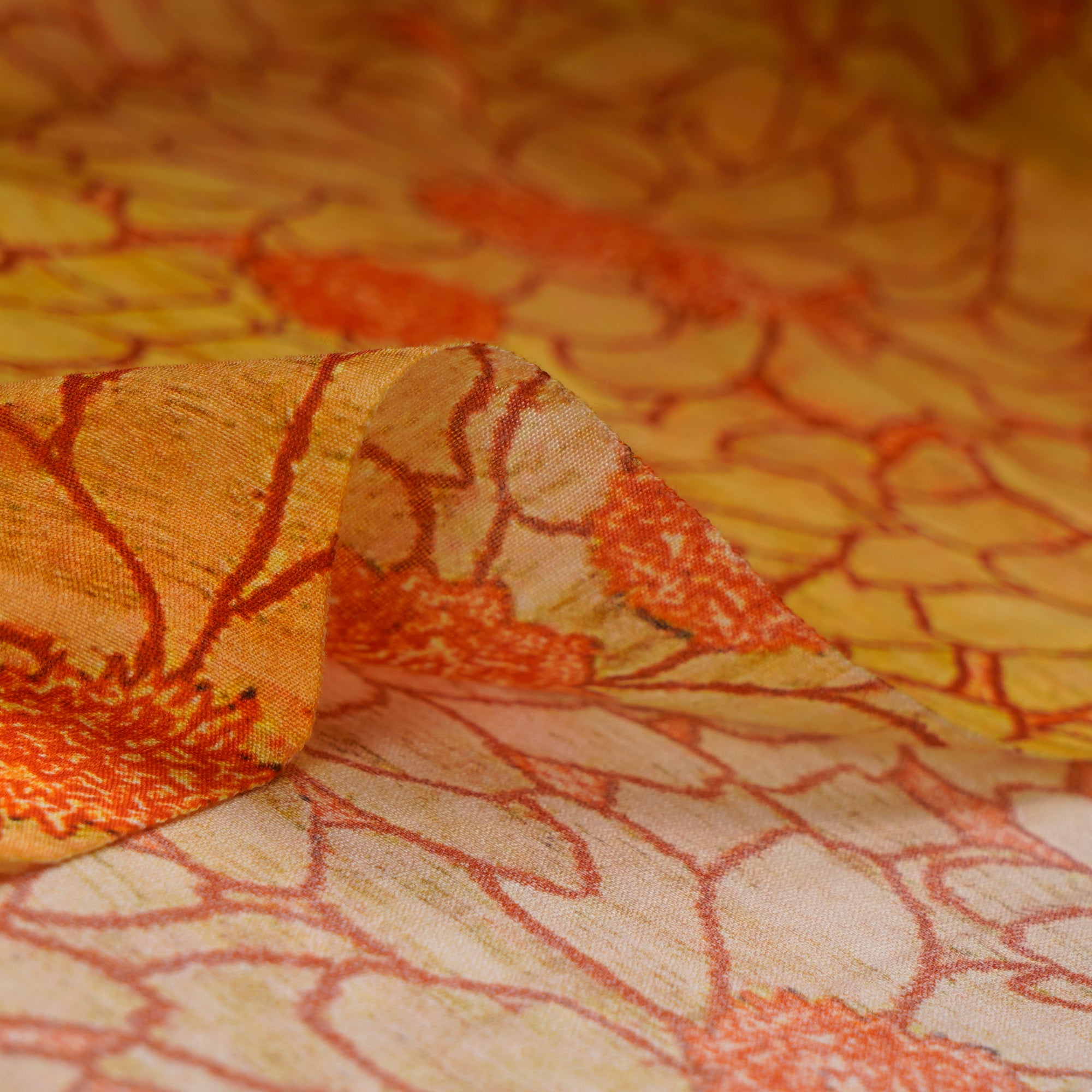 (Pre-Cut 0.60 Mtr)Orange Floral Pattern Digital Print Chanderi Fabric