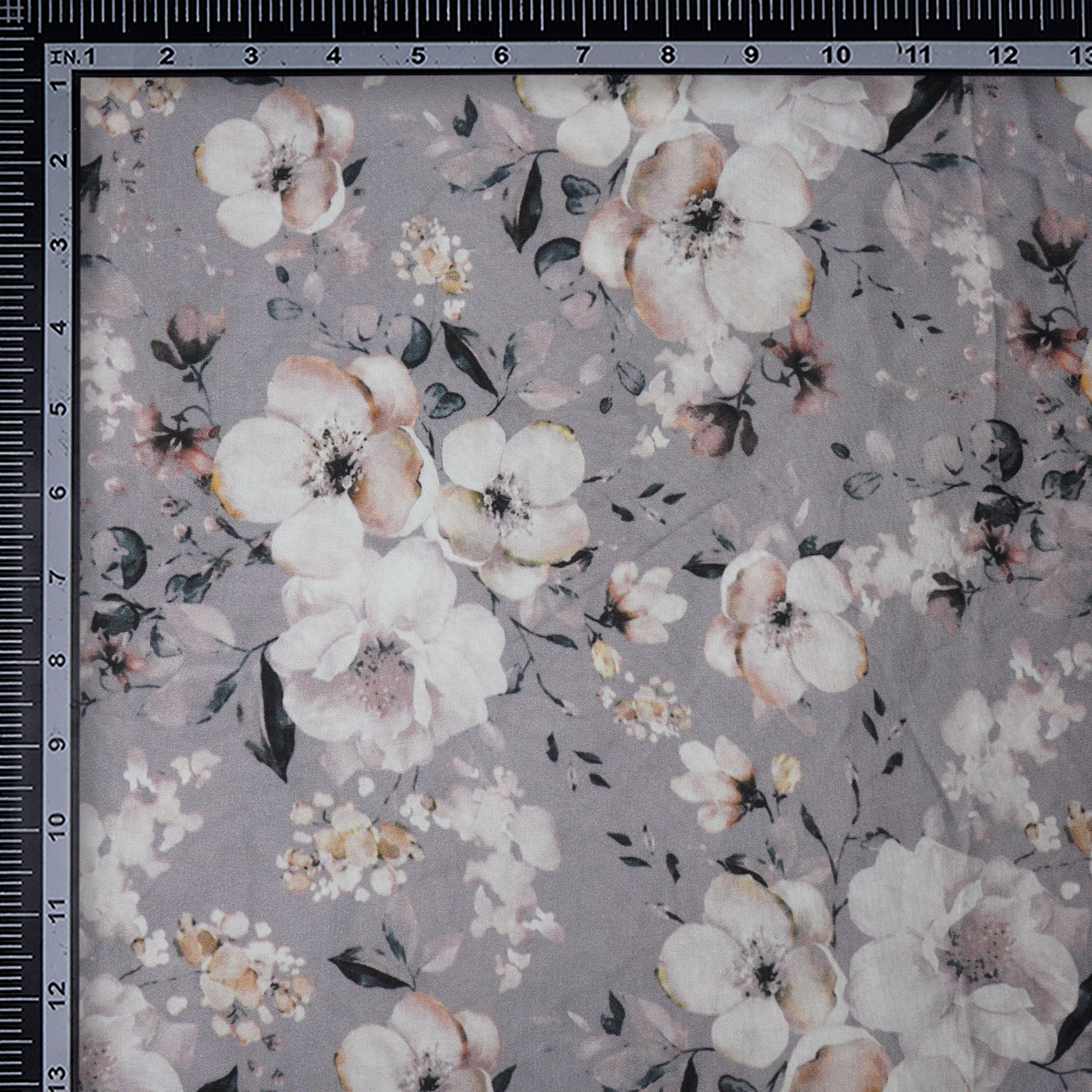 (Pre-Cut 2.30 Mtr)Grey Color Digital Printed Modal Satin Fabric