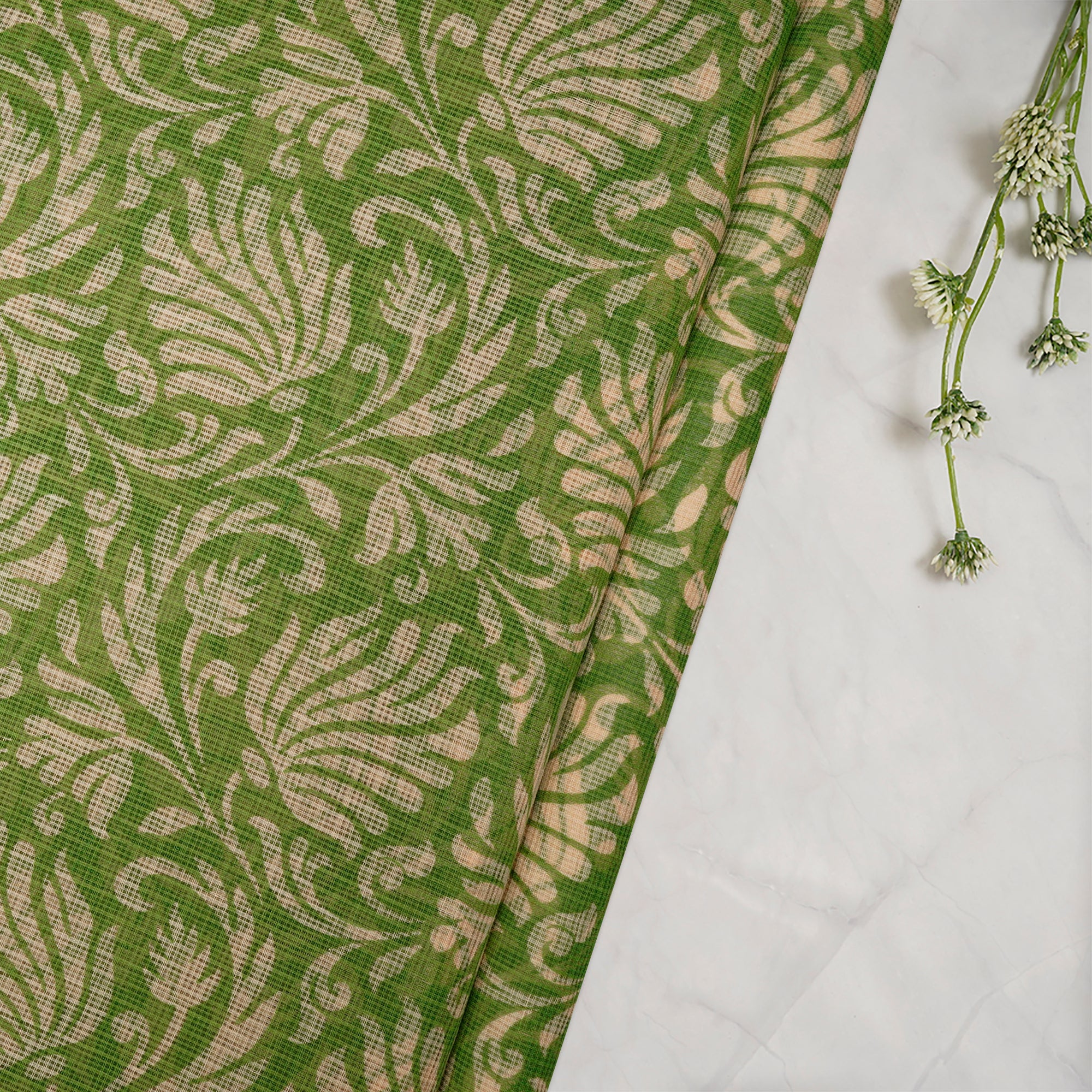 (Pre-Cut 1.00 Mtr)Green Floral Pattern Digital Print Cotton Fabric