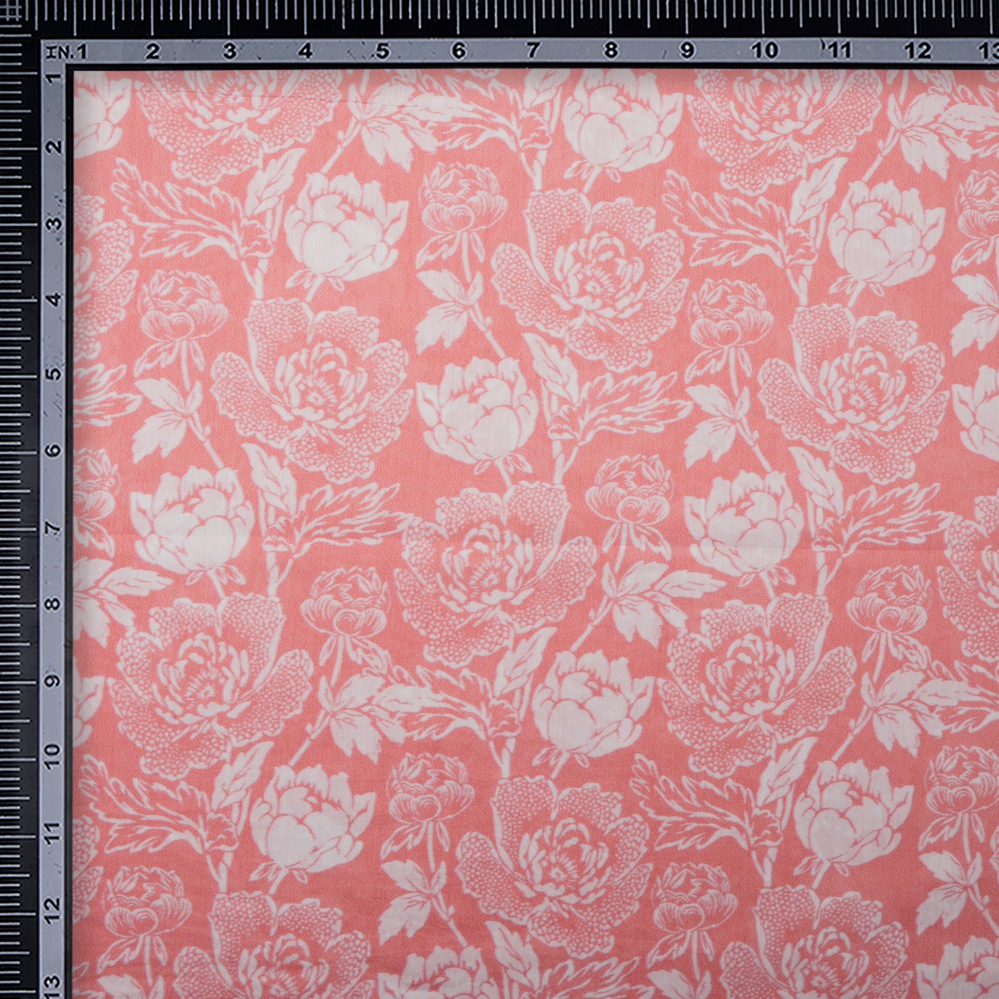 (Pre-Cut 2.50 Mtr)Peach-White Floral Pattern Digital Printed Cotton Lawn Fabric