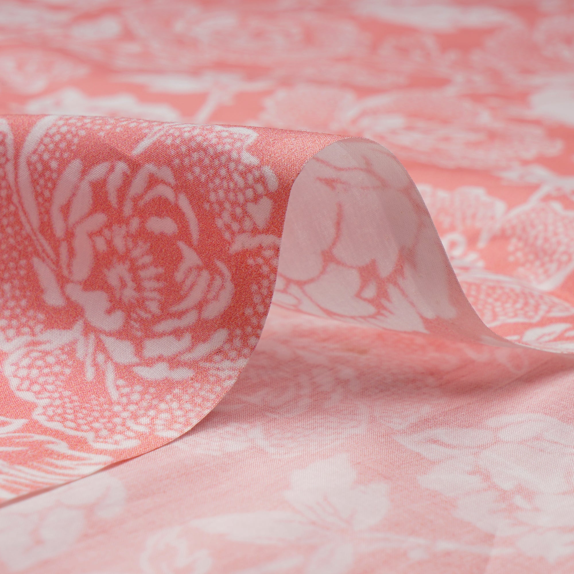 (Pre-Cut 2.50 Mtr)Peach-White Floral Pattern Digital Printed Cotton Lawn Fabric