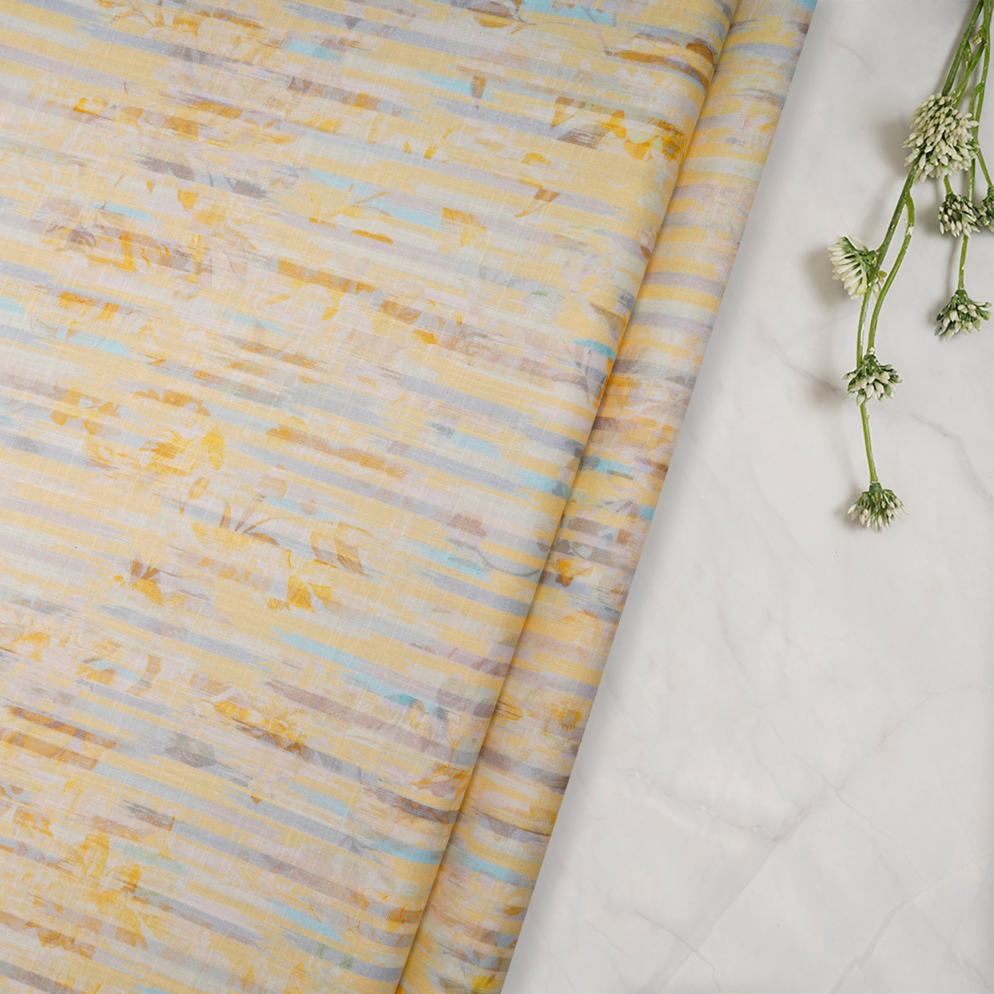 (Pre-Cut 2.50 Mtr)Light Yellow All Over Pattern Digital Print Cotton Slub Fabric