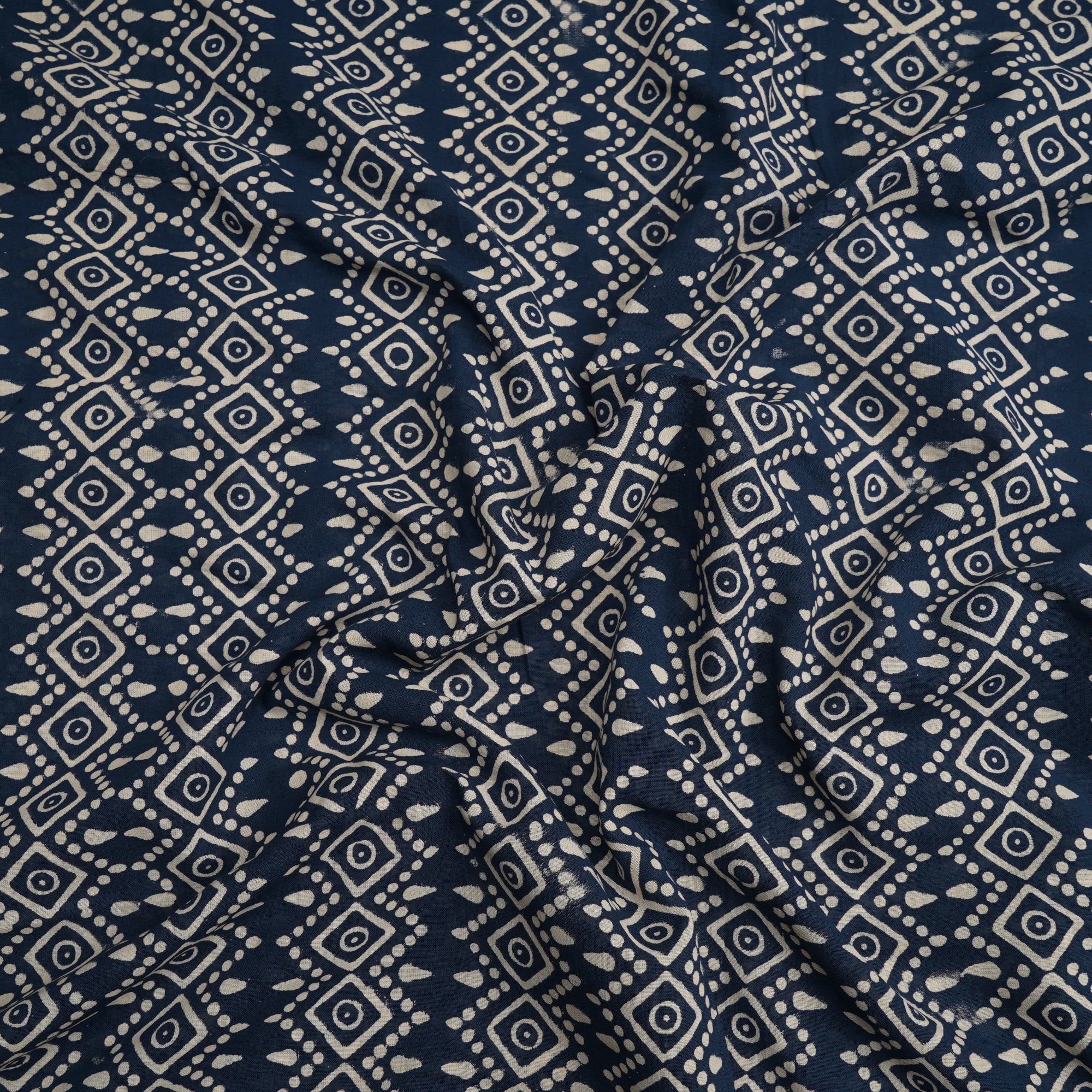 (Pre-Cut 1.60 Mtr)Navy Blue All Over Pattern Ajrak Print Voile Fabric