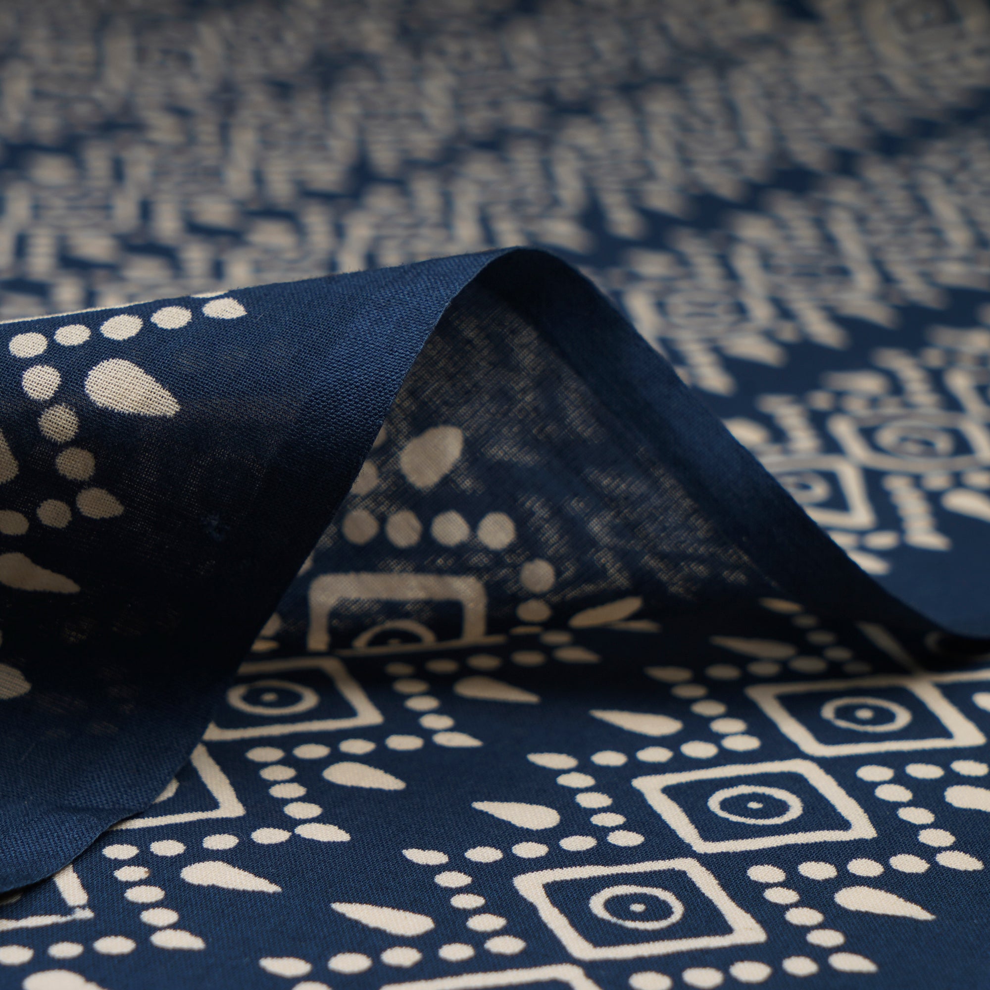(Pre-Cut 1.60 Mtr)Navy Blue All Over Pattern Ajrak Print Voile Fabric