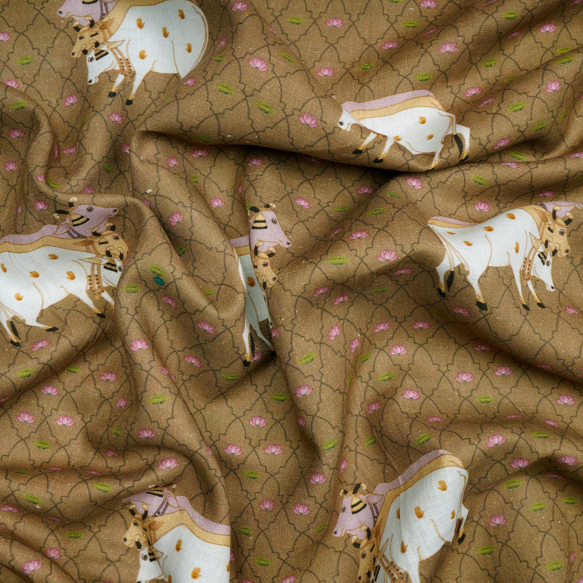(Pre-Cut 2.50 Mtr)Antique Bronze Pichwai Pattern Digital Print Linen Fabric