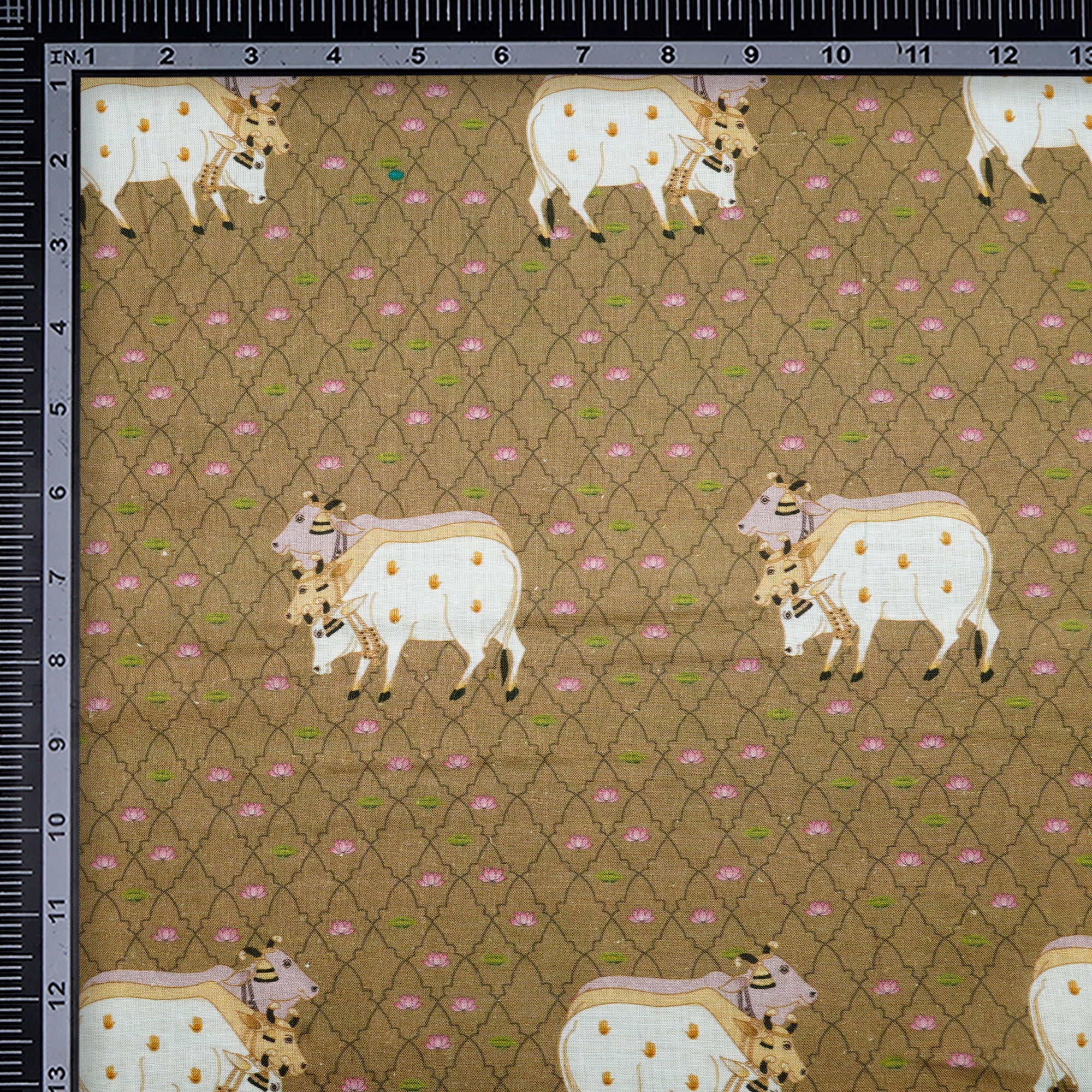 (Pre-Cut 2.50 Mtr)Antique Bronze Pichwai Pattern Digital Print Linen Fabric