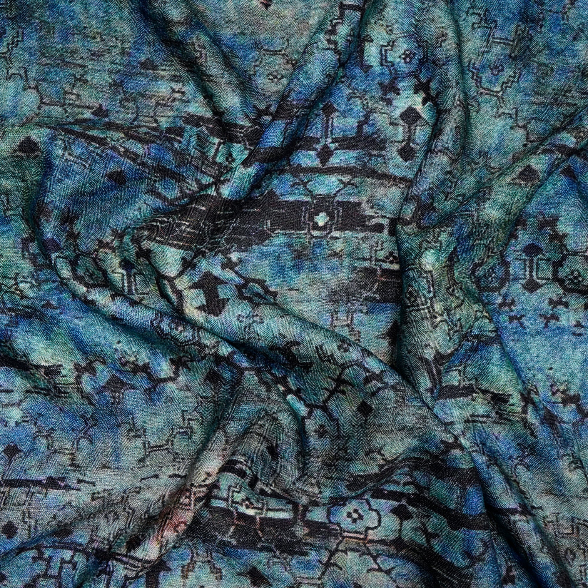 (Pre-Cut 0.90 Mtr)Blue-Green Color Digital Printed Pashmina Viscose Fabric