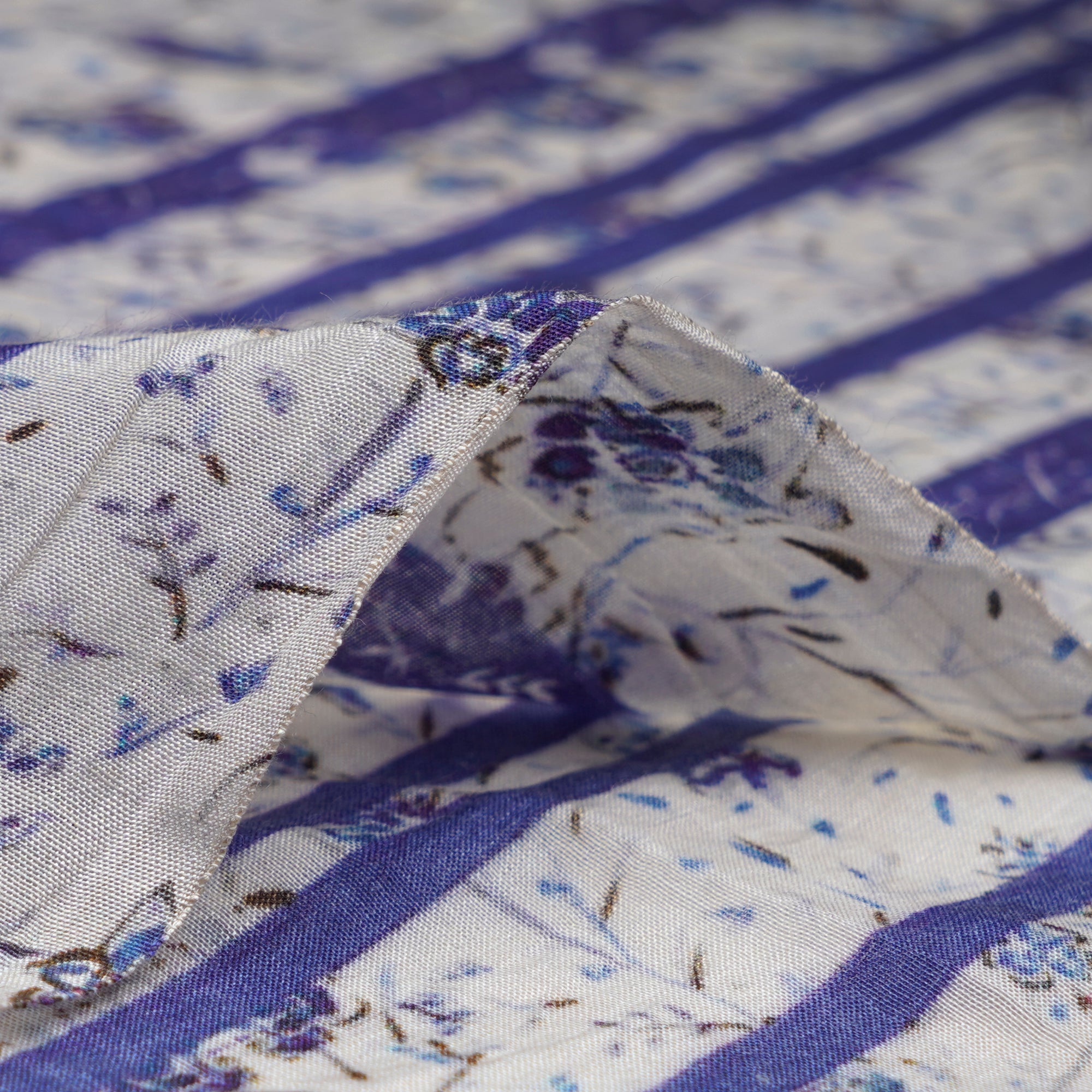 (Pre-Cut 1.70 Mtr)Off-White-Purple Color Digital printed Tussar Chanderi Fabric