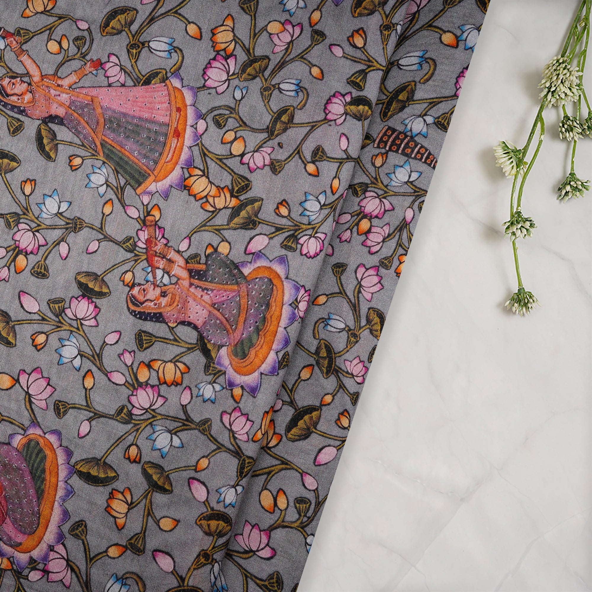 (Pre-Cut 0.80 Mtr)Grey Traditional Pattern Digital Print Chanderi Fabric