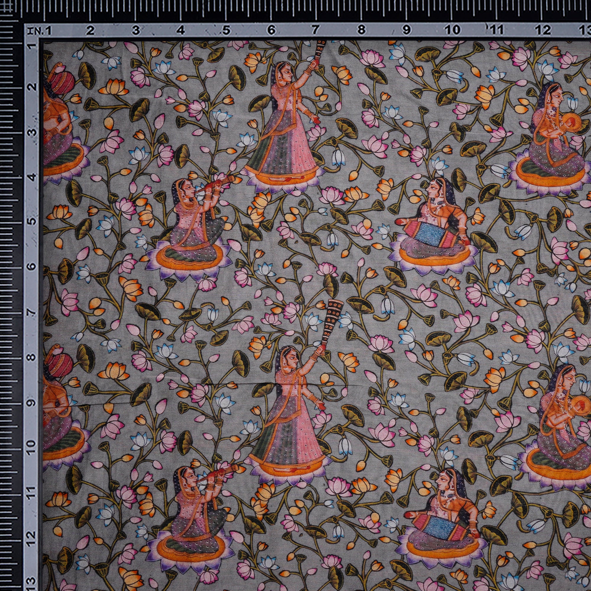 (Pre-Cut 0.80 Mtr)Grey Traditional Pattern Digital Print Chanderi Fabric