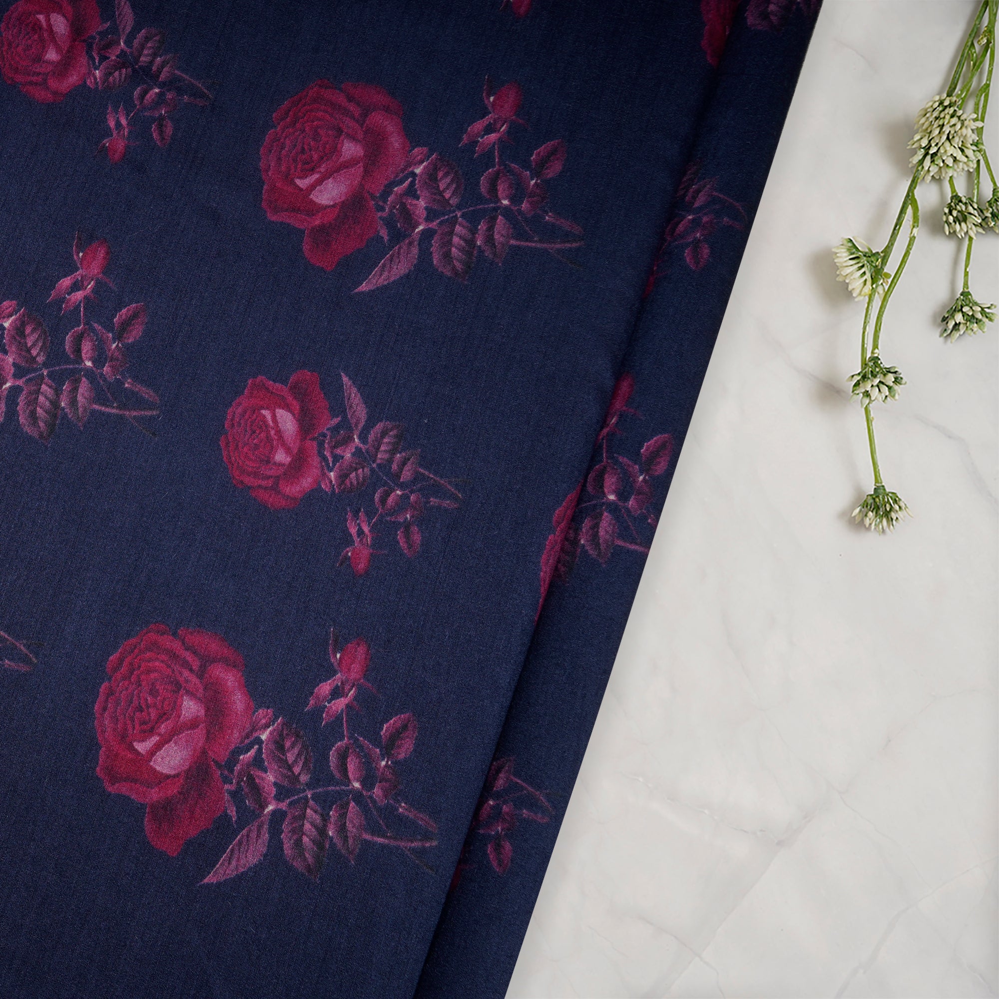 (Pre-Cut 1.00 Mtr)Navy Blue Floral Pattern Digital Print Muga Georgette Fabric
