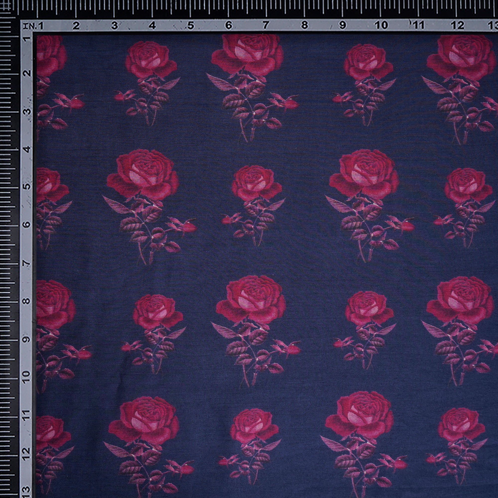 (Pre-Cut 1.00 Mtr)Navy Blue Floral Pattern Digital Print Muga Georgette Fabric