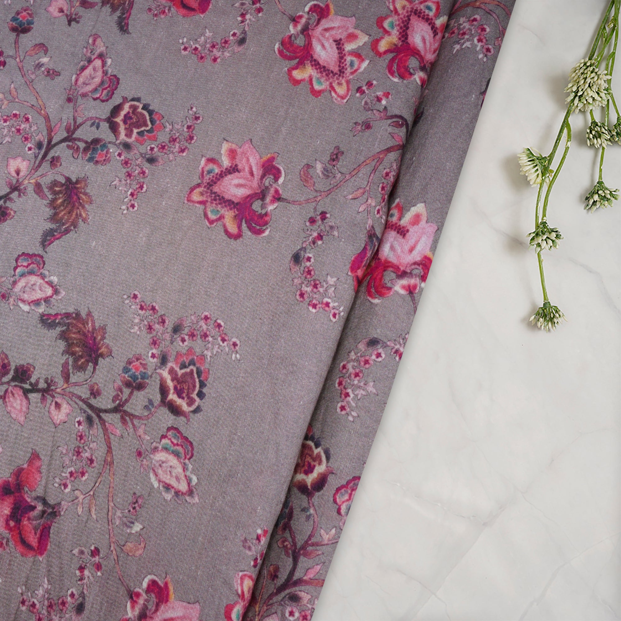 (Pre-Cut 1.50 Mtr)Grey Floral Pattern Digital PrintViscose Bemberg Fabric