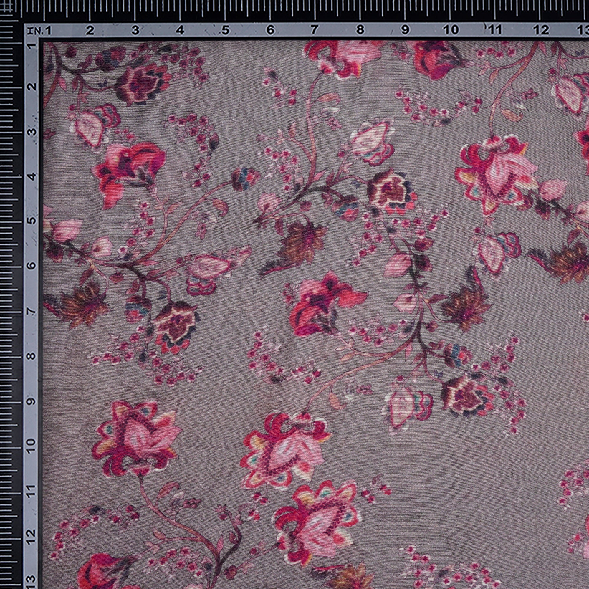 (Pre-Cut 1.50 Mtr)Grey Floral Pattern Digital PrintViscose Bemberg Fabric