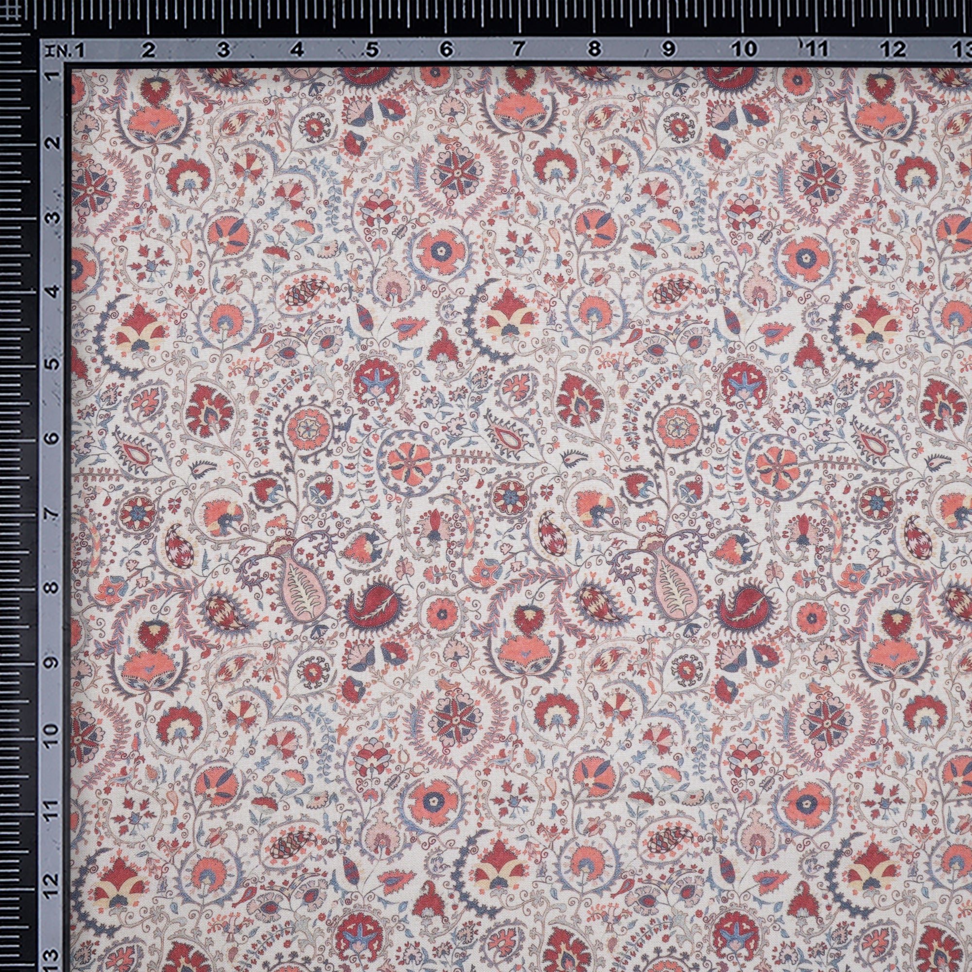 (Pre-Cut 1.10 Mtr)Off-White Paisley Pattern Digital Print Polyester Rayon Fabric