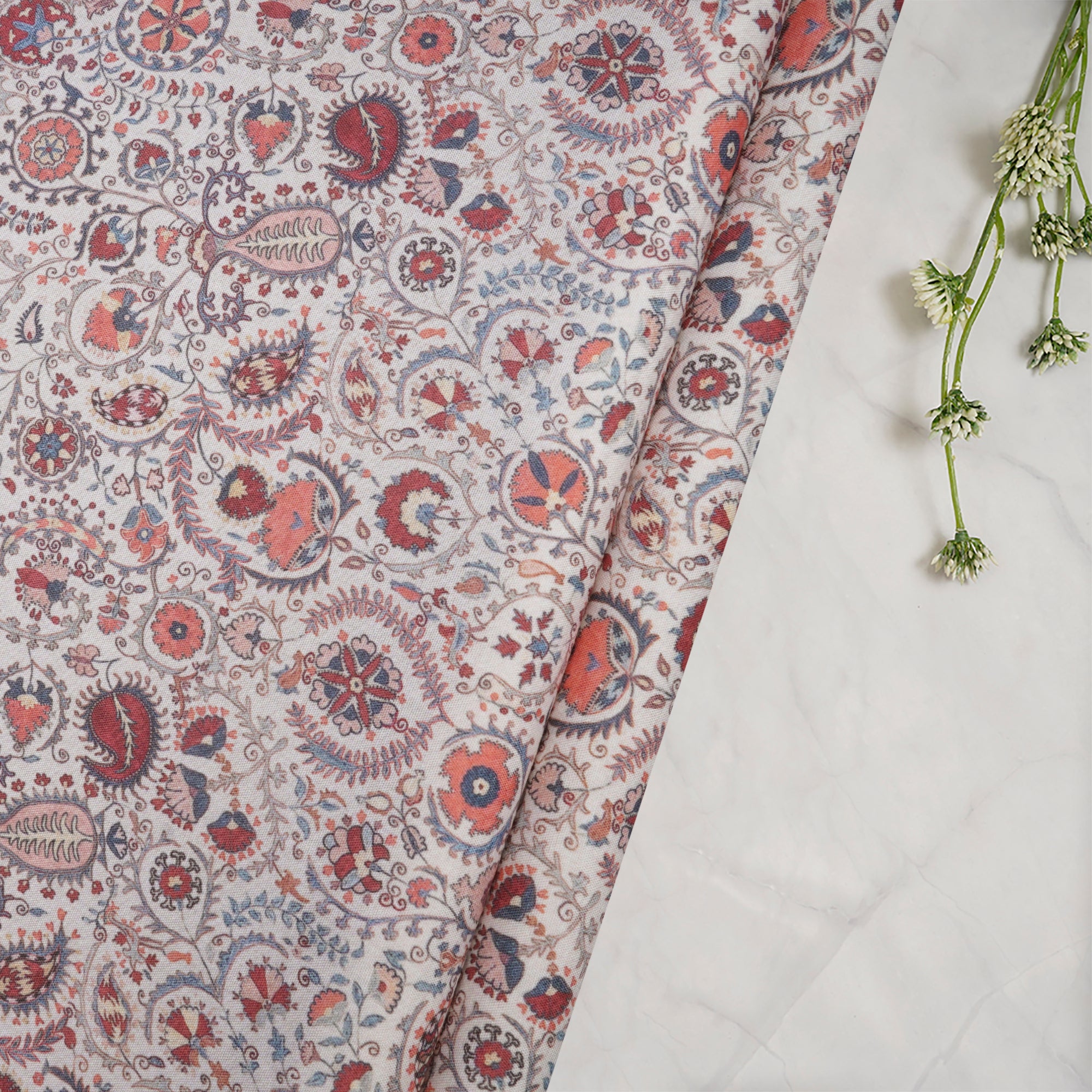 (Pre-Cut 1.20 Mtr)Off-White Paisley Pattern Digital Print Polyester Rayon Fabric