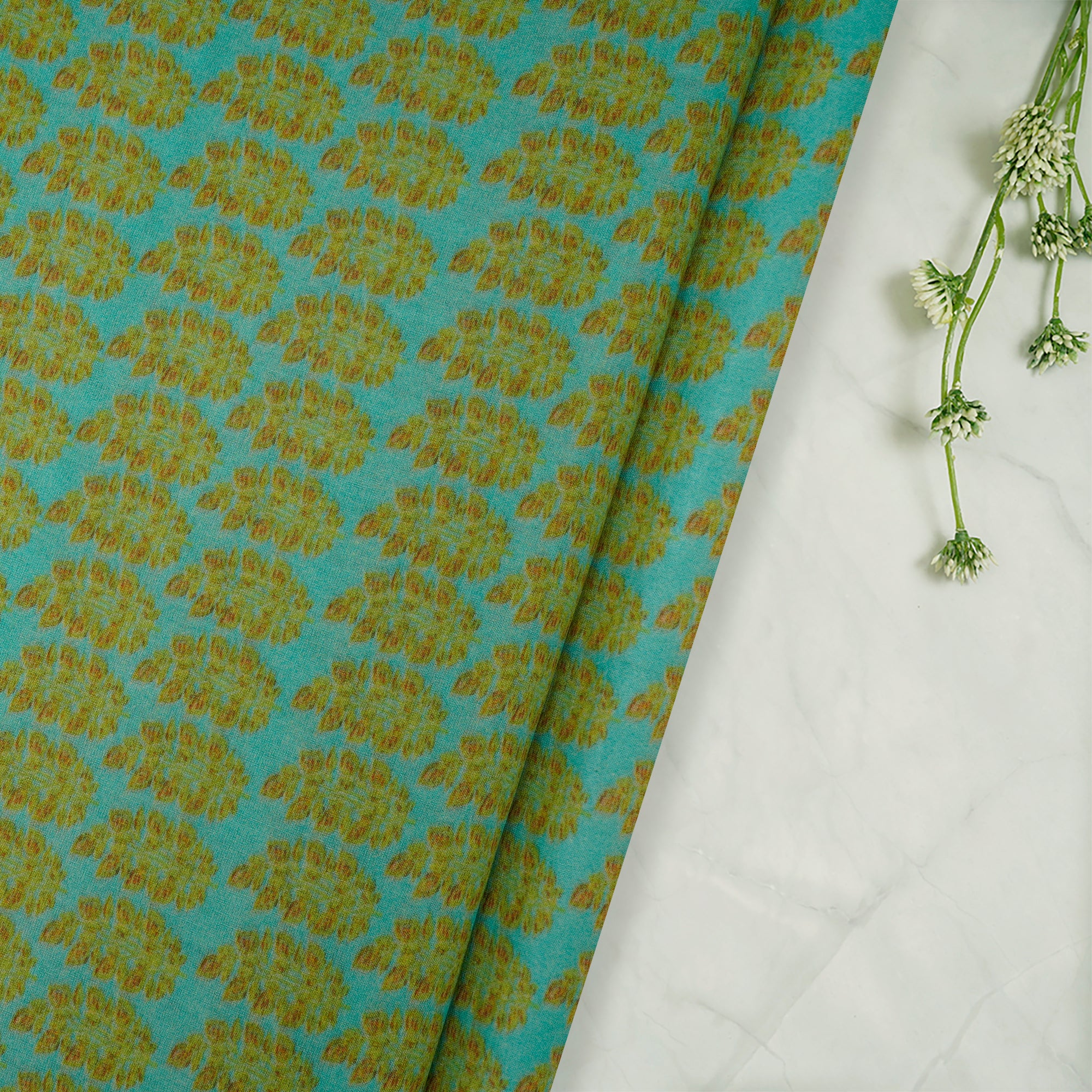 (Pre-Cut 1.90 Mtr)Blue-Green Color Digital Printed High Twisted Cotton Voile Fabric