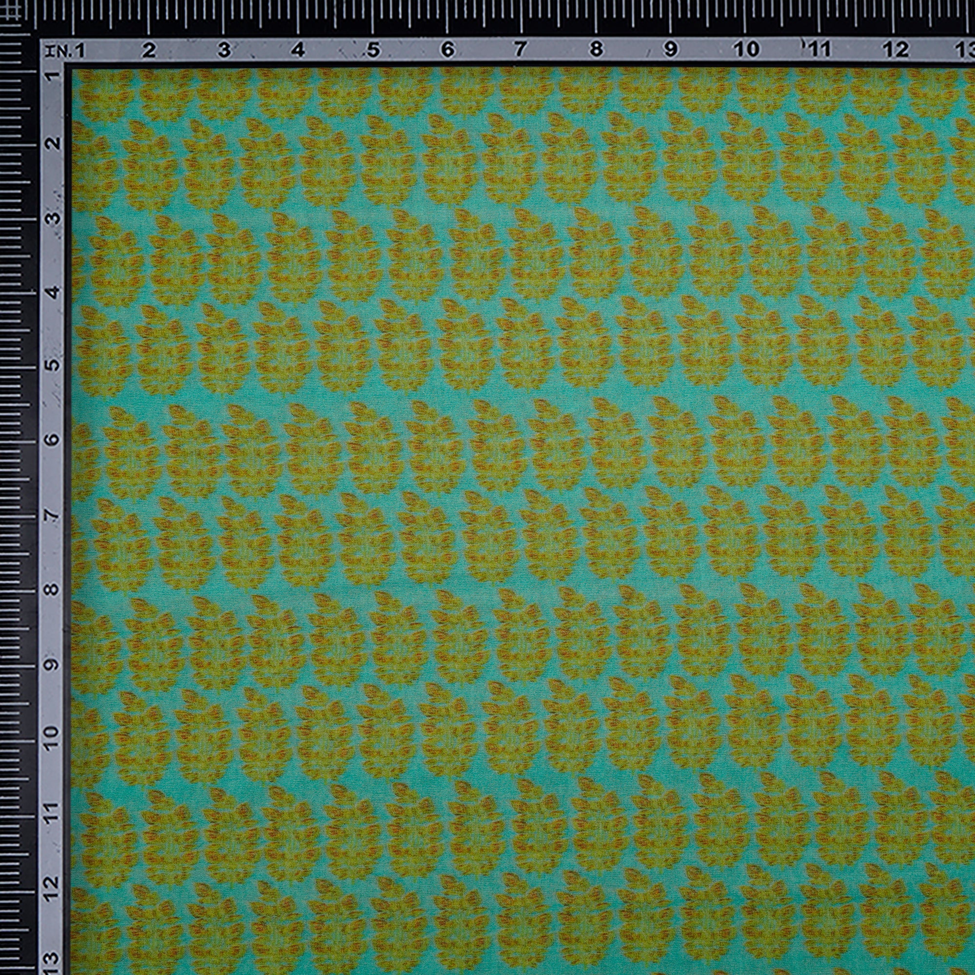 (Pre-Cut 1.90 Mtr)Blue-Green Color Digital Printed High Twisted Cotton Voile Fabric