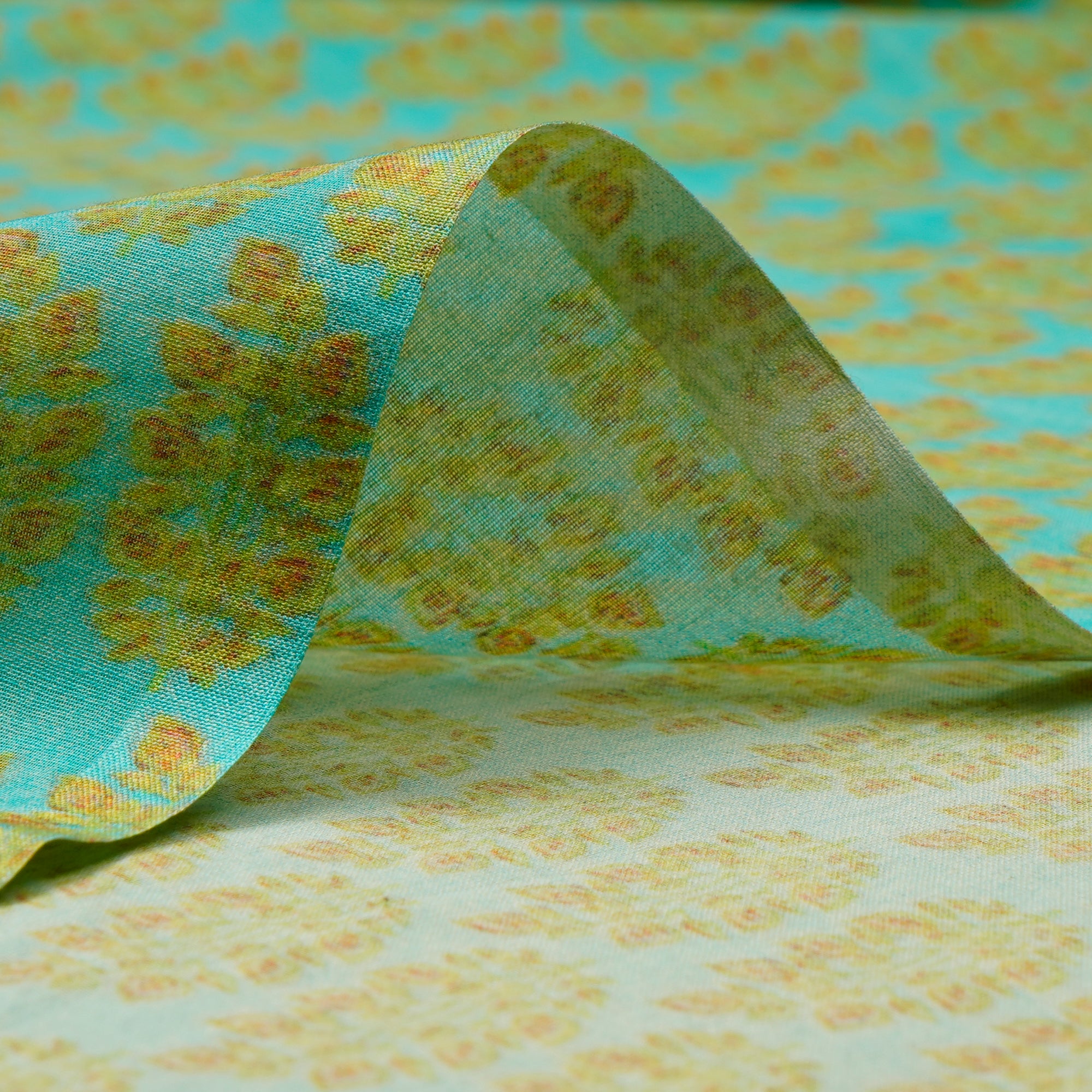 (Pre-Cut 1.90 Mtr)Blue-Green Color Digital Printed High Twisted Cotton Voile Fabric