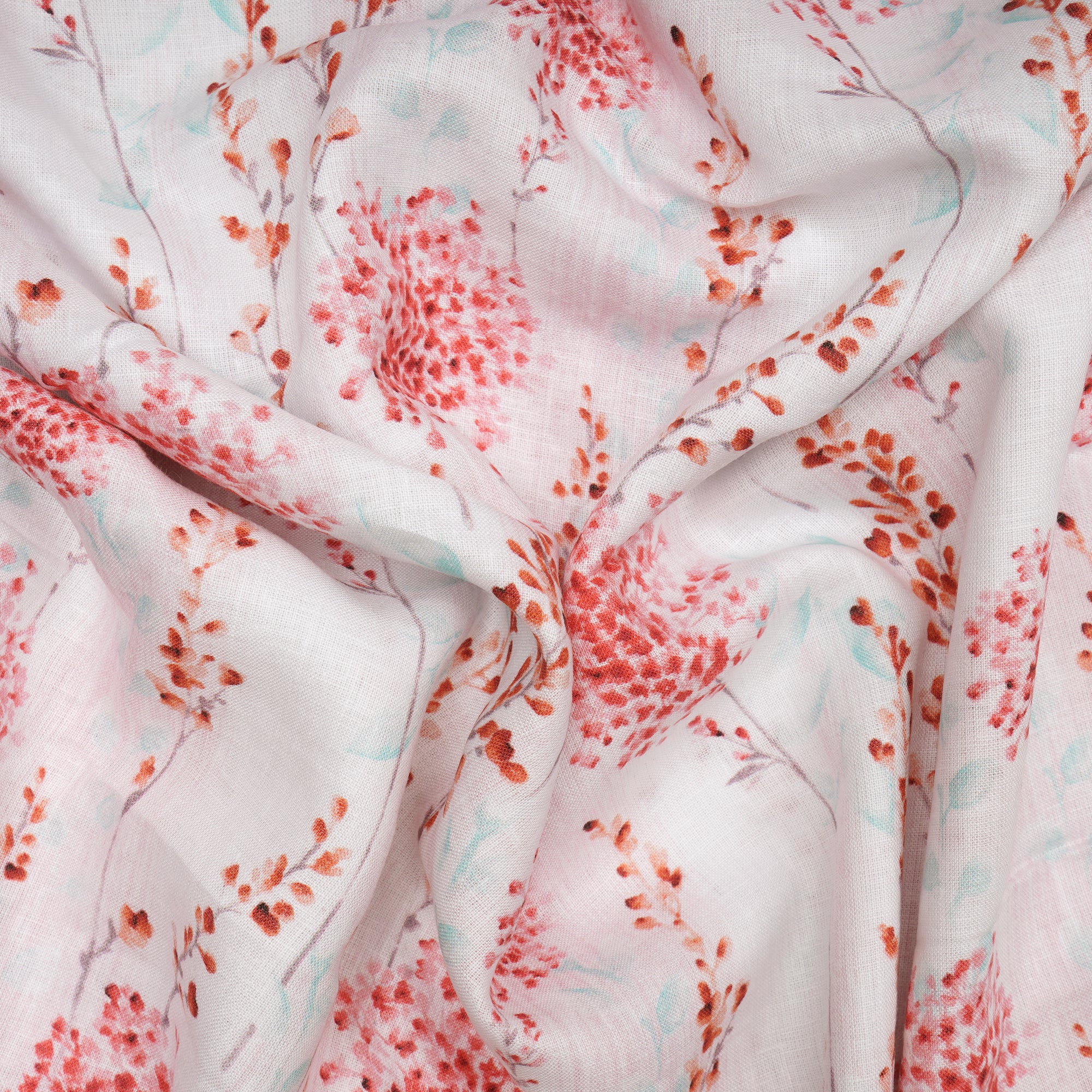 (Pre-Cut 2.50 Mtr) White Floral Pattern Digital Print Pure Linen Fabric