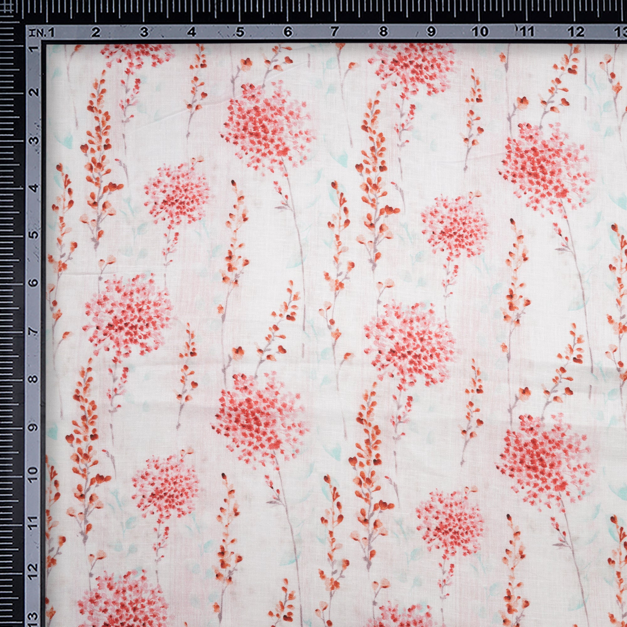 (Pre-Cut 2.50 Mtr) White Floral Pattern Digital Print Pure Linen Fabric