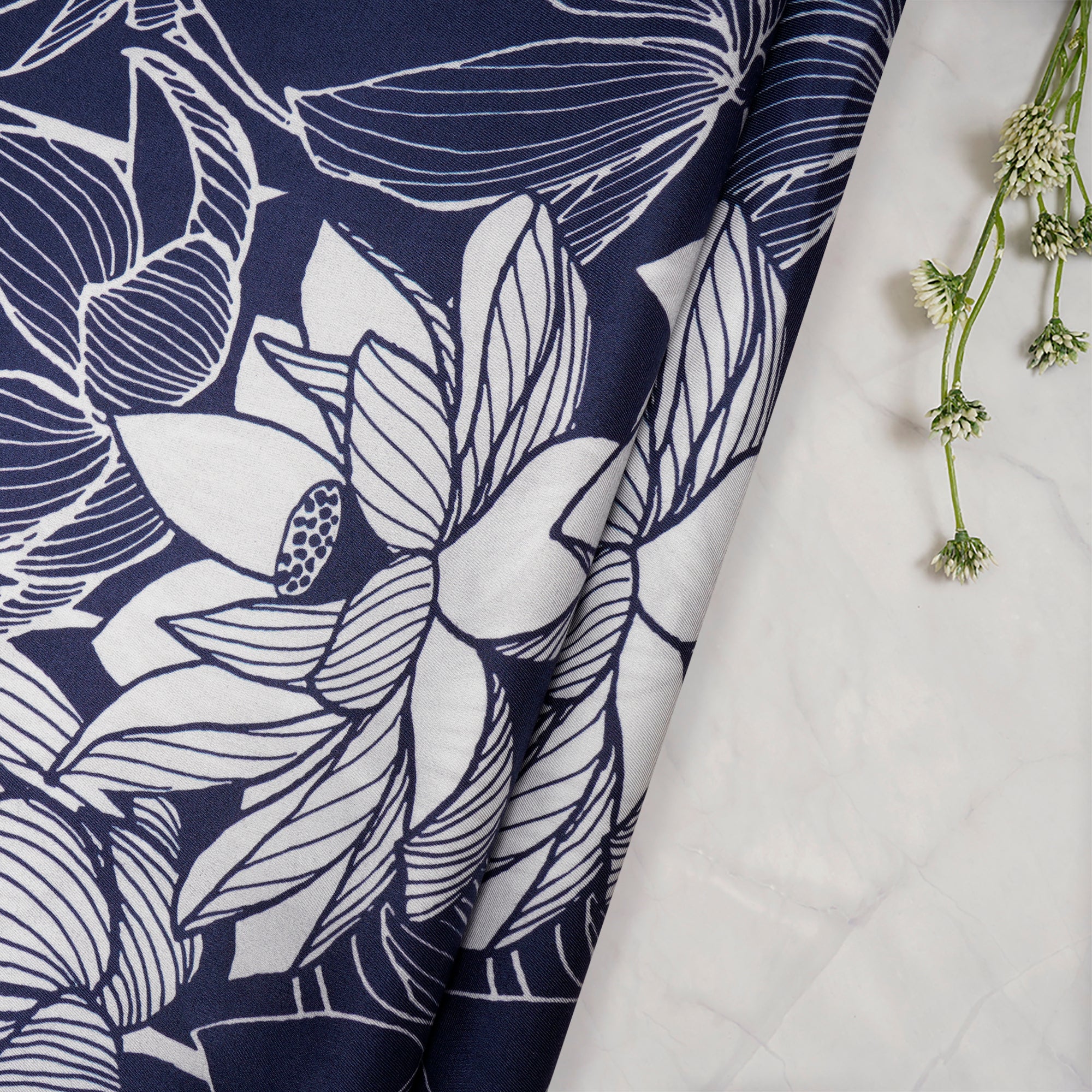 (Pre-Cut 1.80 Mtr)Navy Blue Floral Pattern Digital Pattern Maple Silk Fabric