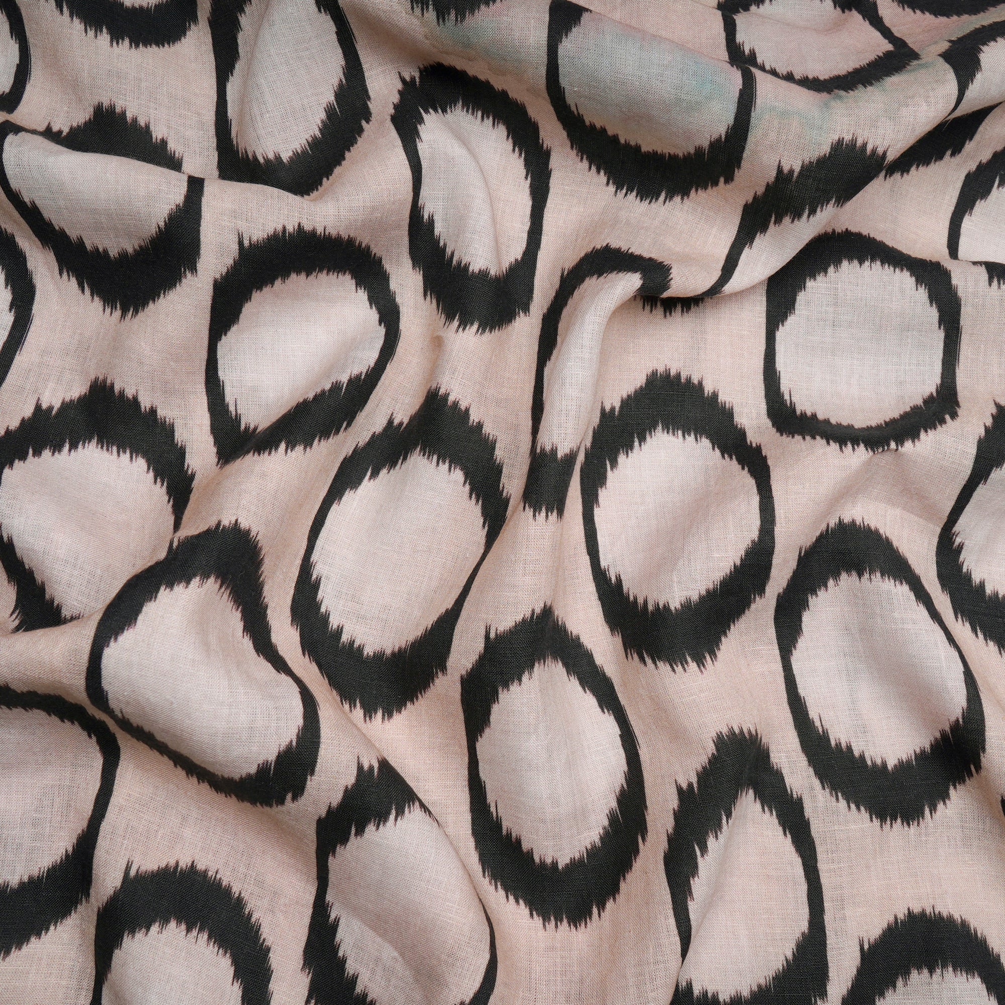 (Pre-Cut 1.00 Mtr)Beige-Black Ikat Pattern Digital Print Linen Fabric