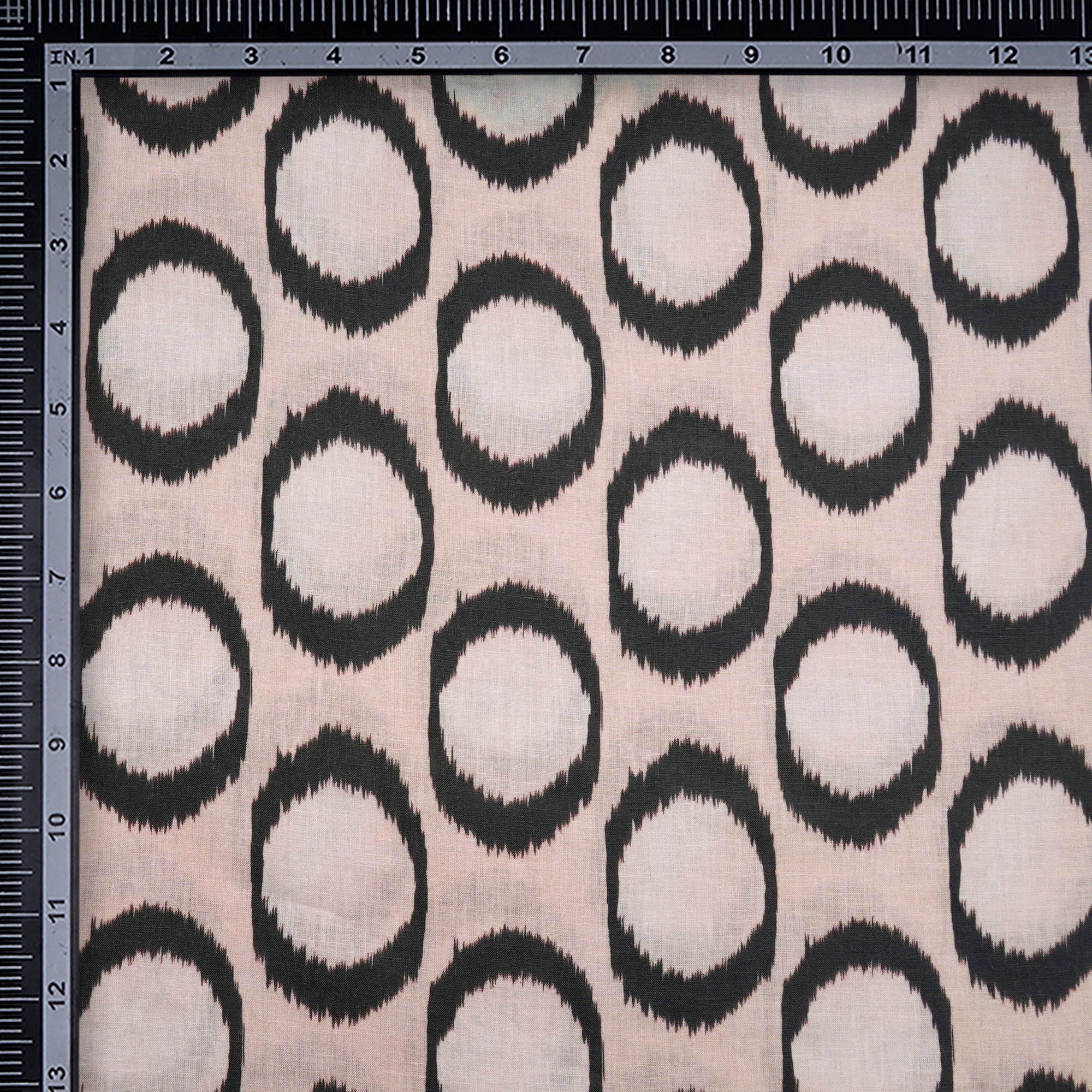 (Pre-Cut 1.00 Mtr)Beige-Black Ikat Pattern Digital Print Linen Fabric