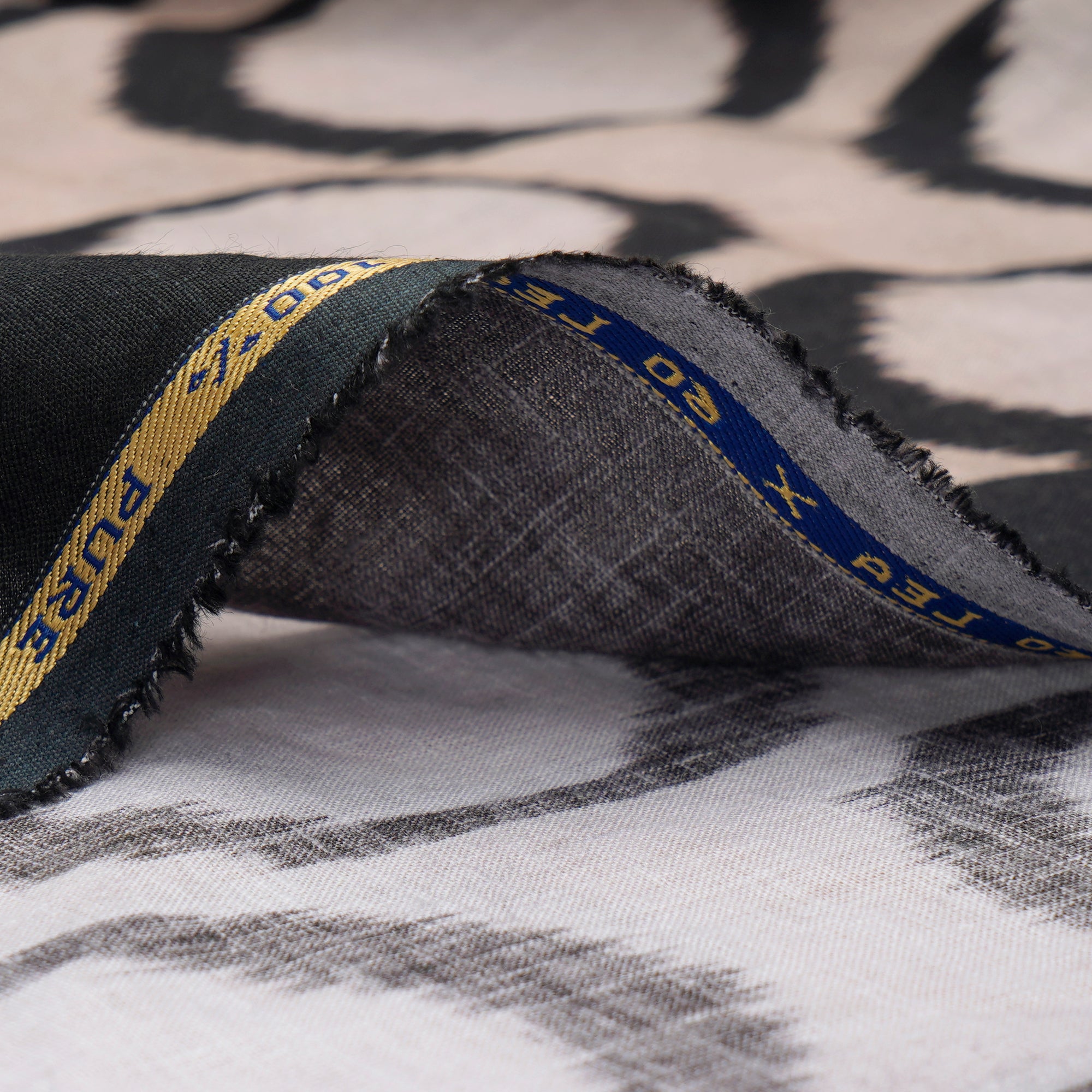 (Pre-Cut 1.00 Mtr)Beige-Black Ikat Pattern Digital Print Linen Fabric