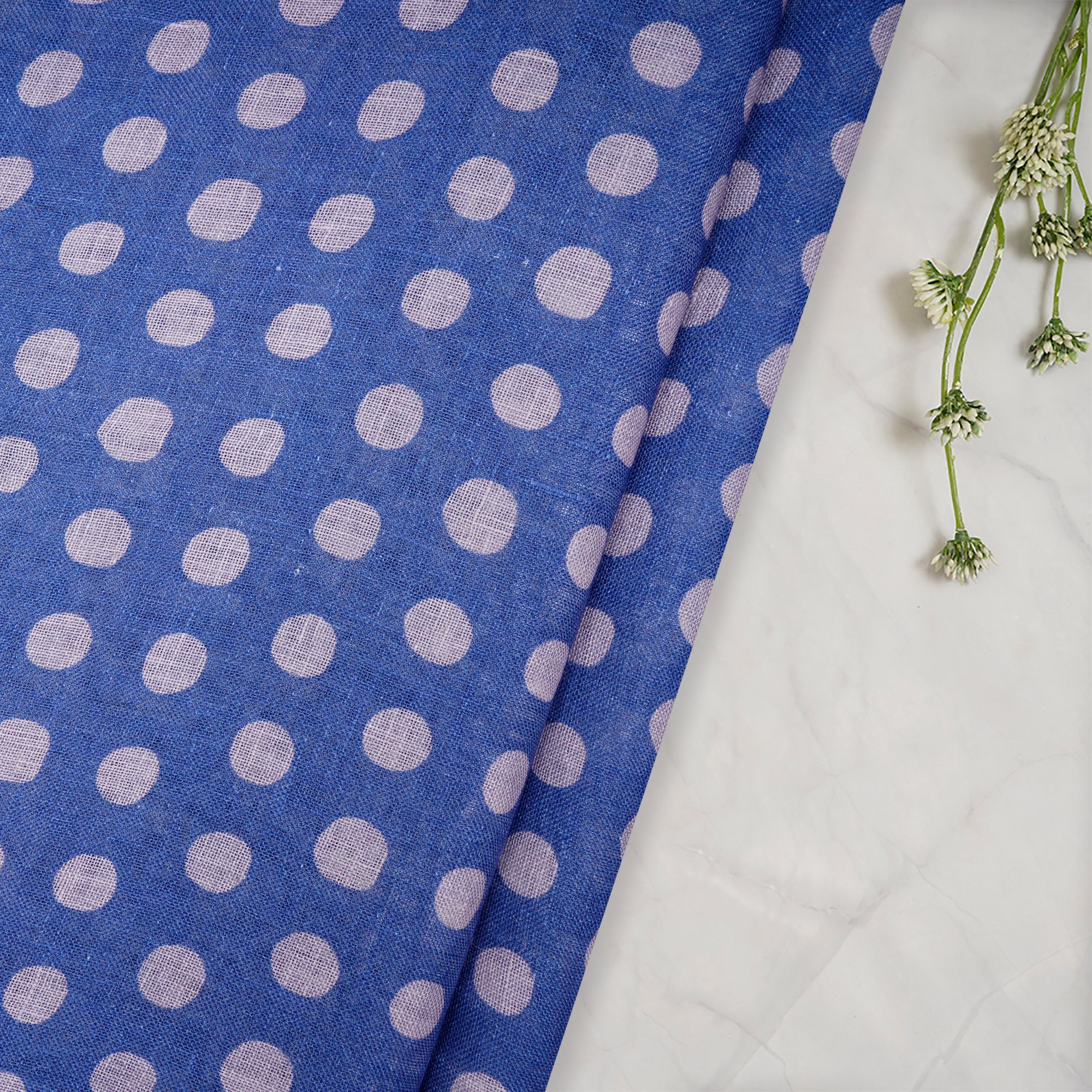 (Pre-Cut 2.10 Mtr)Azure Blue Polka Dot Pattern Digital Print Gauge Linen Fabric