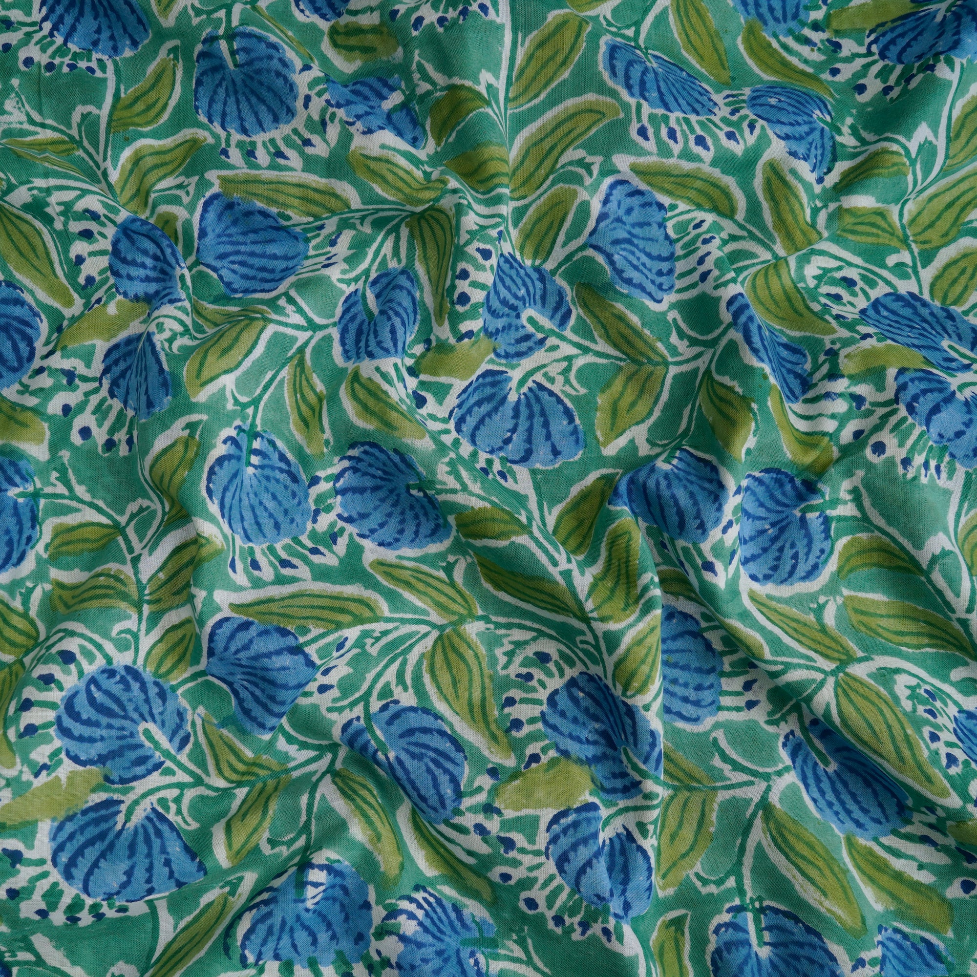 (Pre-Cut 3.80Mtr)Neptune Green Hand Block Printed Cotton Mulmul Fabricprecuts&&2051