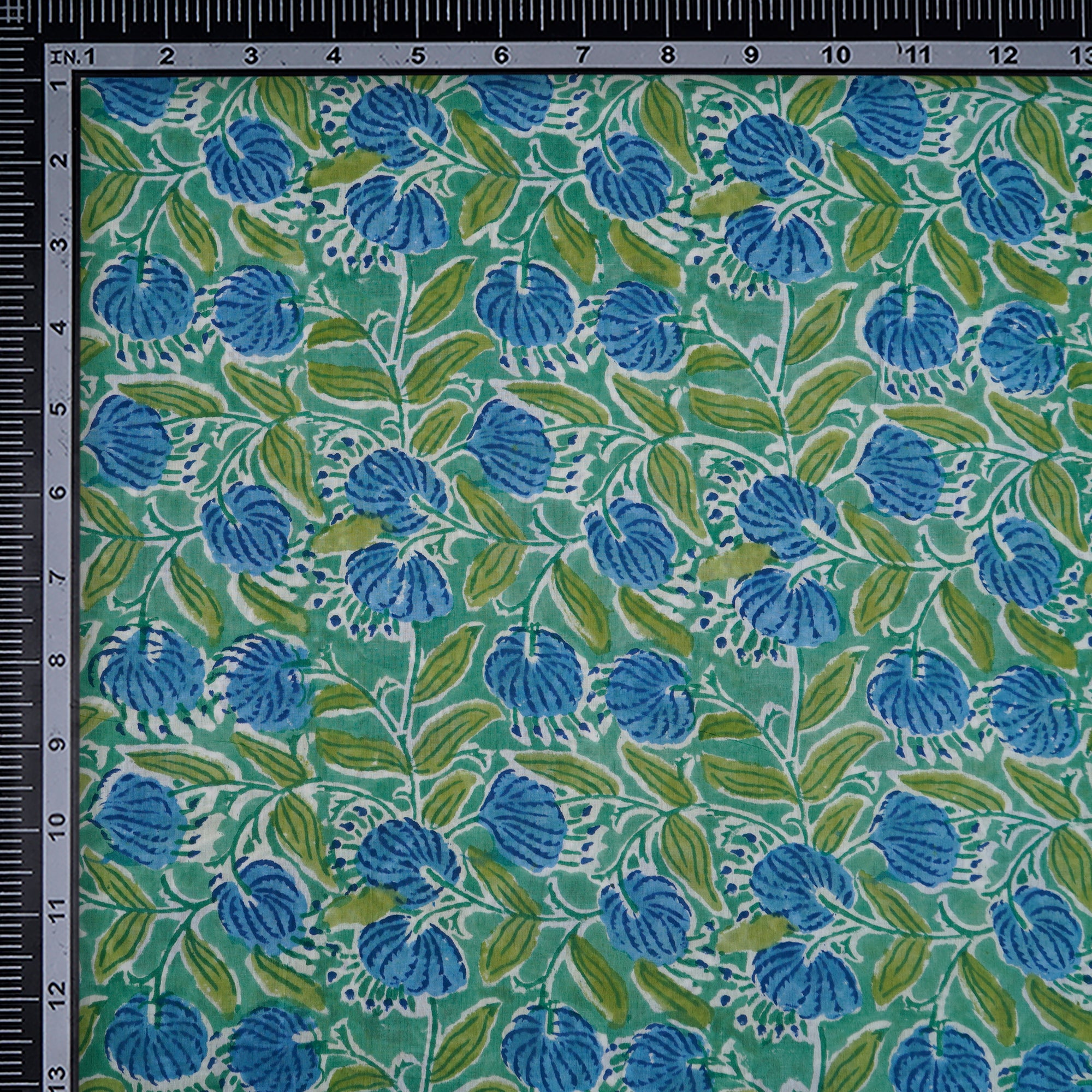 (Pre-Cut 3.80Mtr)Neptune Green Hand Block Printed Cotton Mulmul Fabricprecuts&&2051