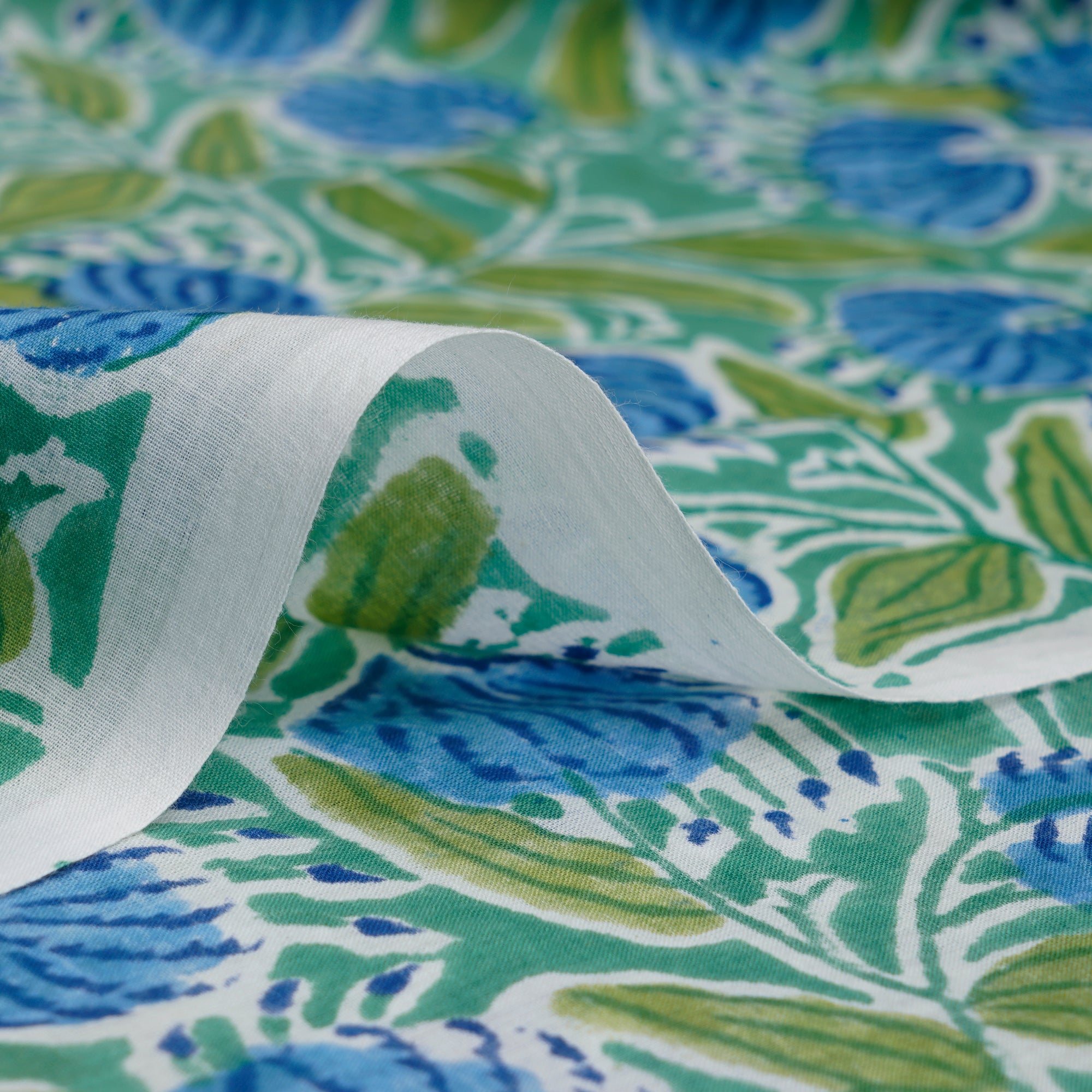 (Pre-Cut 3.80Mtr)Neptune Green Hand Block Printed Cotton Mulmul Fabricprecuts&&2051