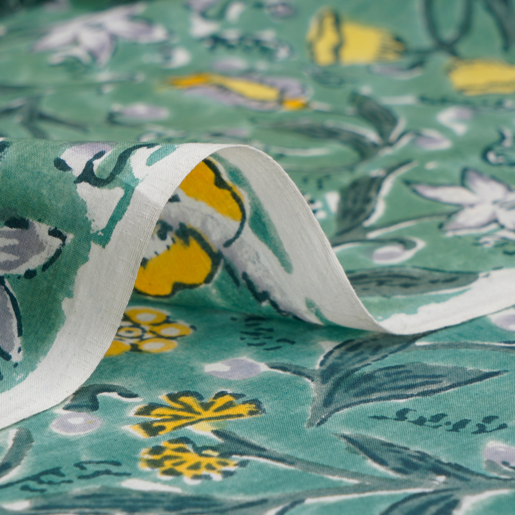 (Pre-Cut 4.30Mtr)Frosty Spruce Floral Pattern Hand Block Printed Cotton Mulmul Fabricprecuts&&2050