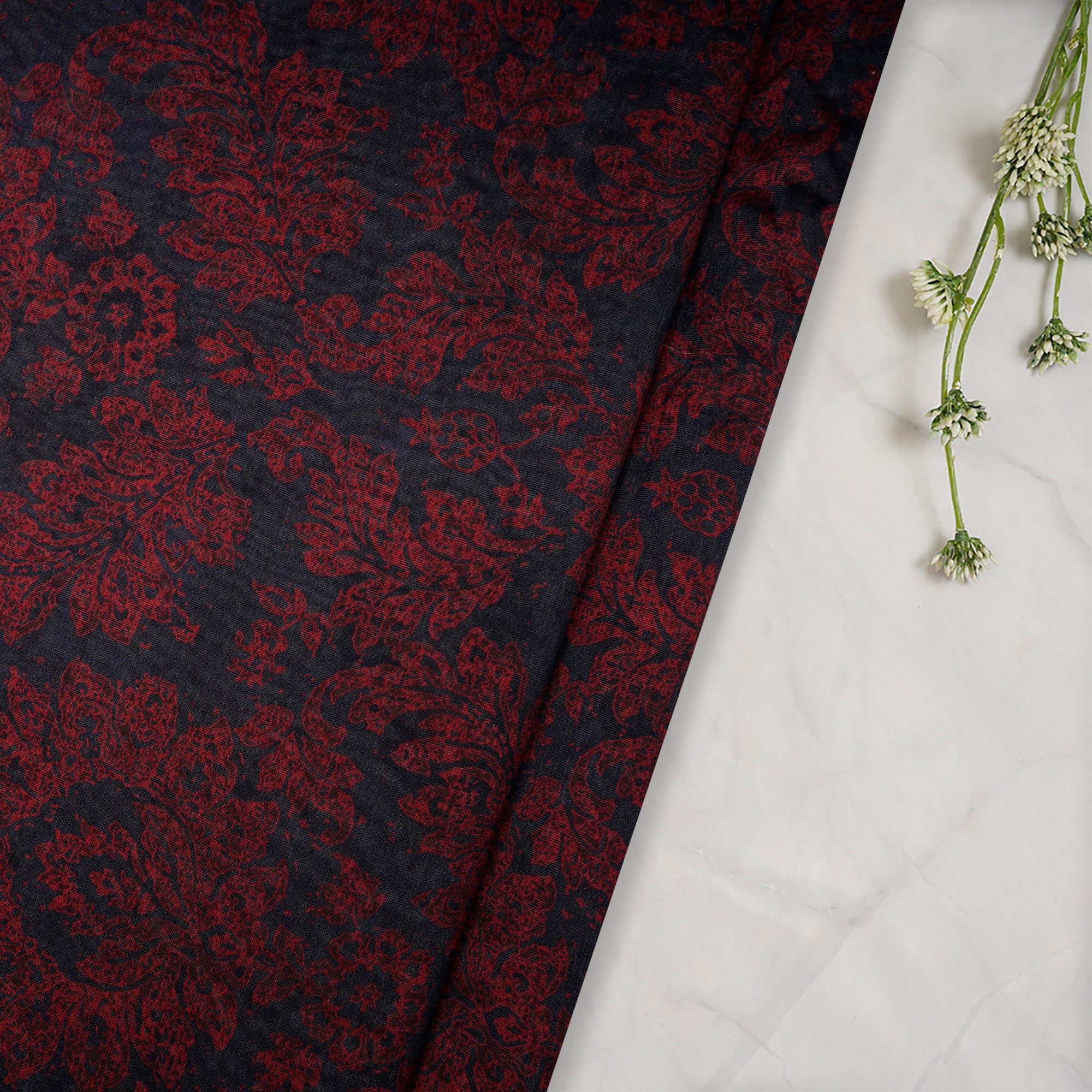 (Pre-Cut 2.90Mtr)Blue-Red Floral Pattern Digital Print Chanderi Fabricprecuts&&2053