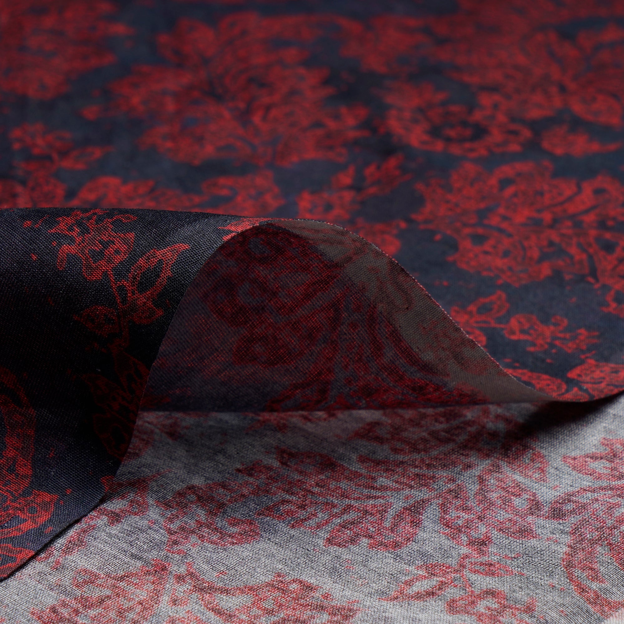 (Pre-Cut 2.90Mtr)Blue-Red Floral Pattern Digital Print Chanderi Fabricprecuts&&2053