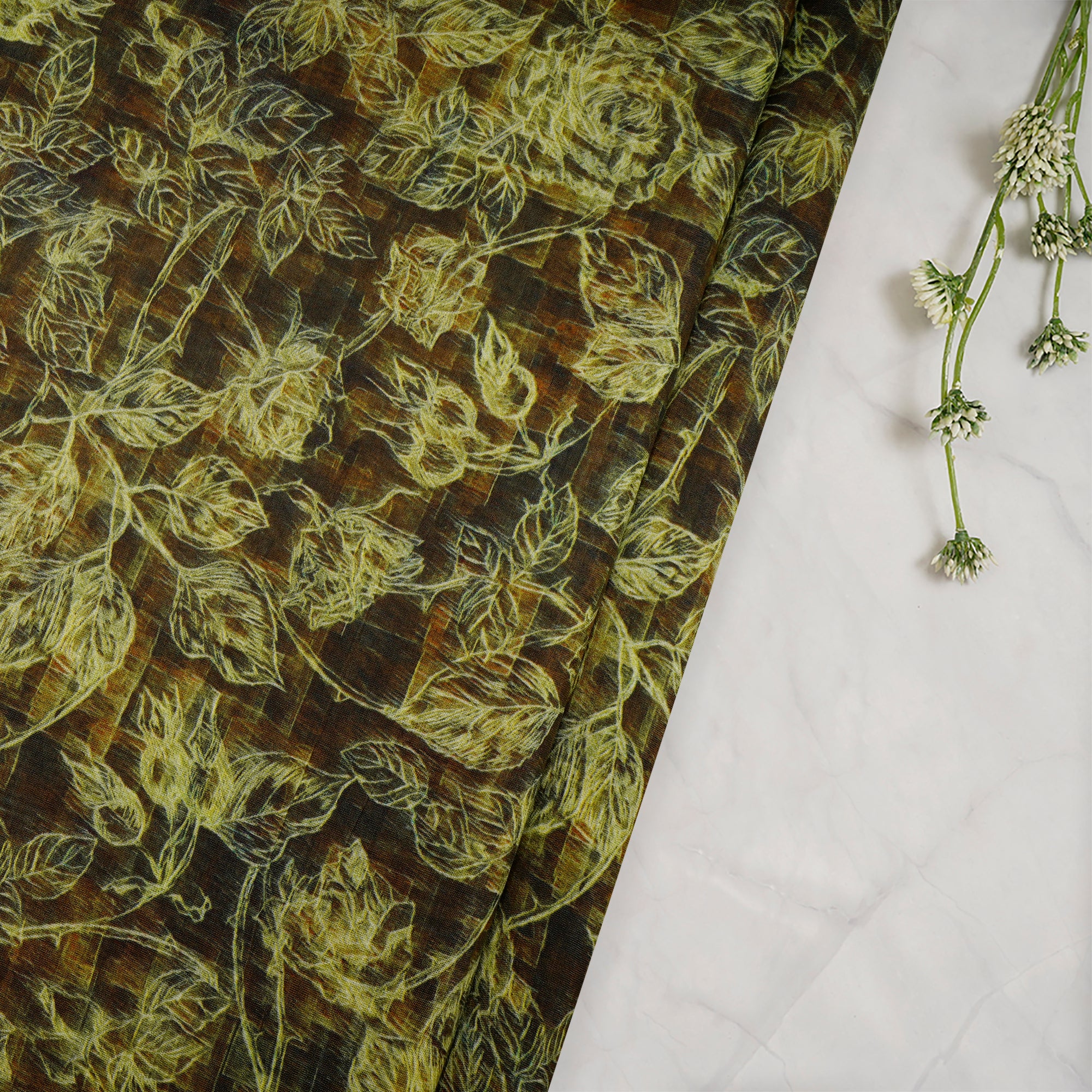 (Pre-Cut 4.90Mtr)Brown Floral Pattern Digital Printed Chanderi Fabricprecuts&&2055