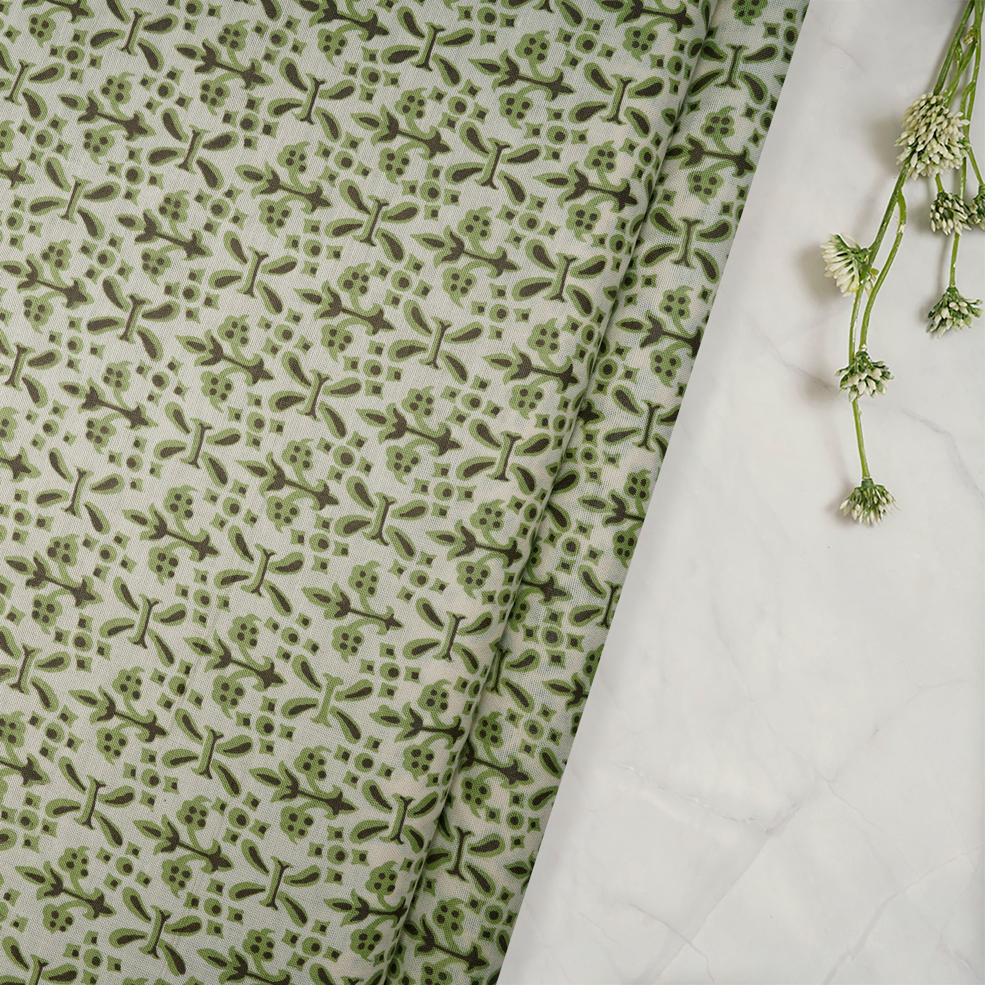 (Pre-Cut 3.70Mtr)Beige-Green Floral Pattern Digital Print Natural Silk Fabricprecuts&&2057