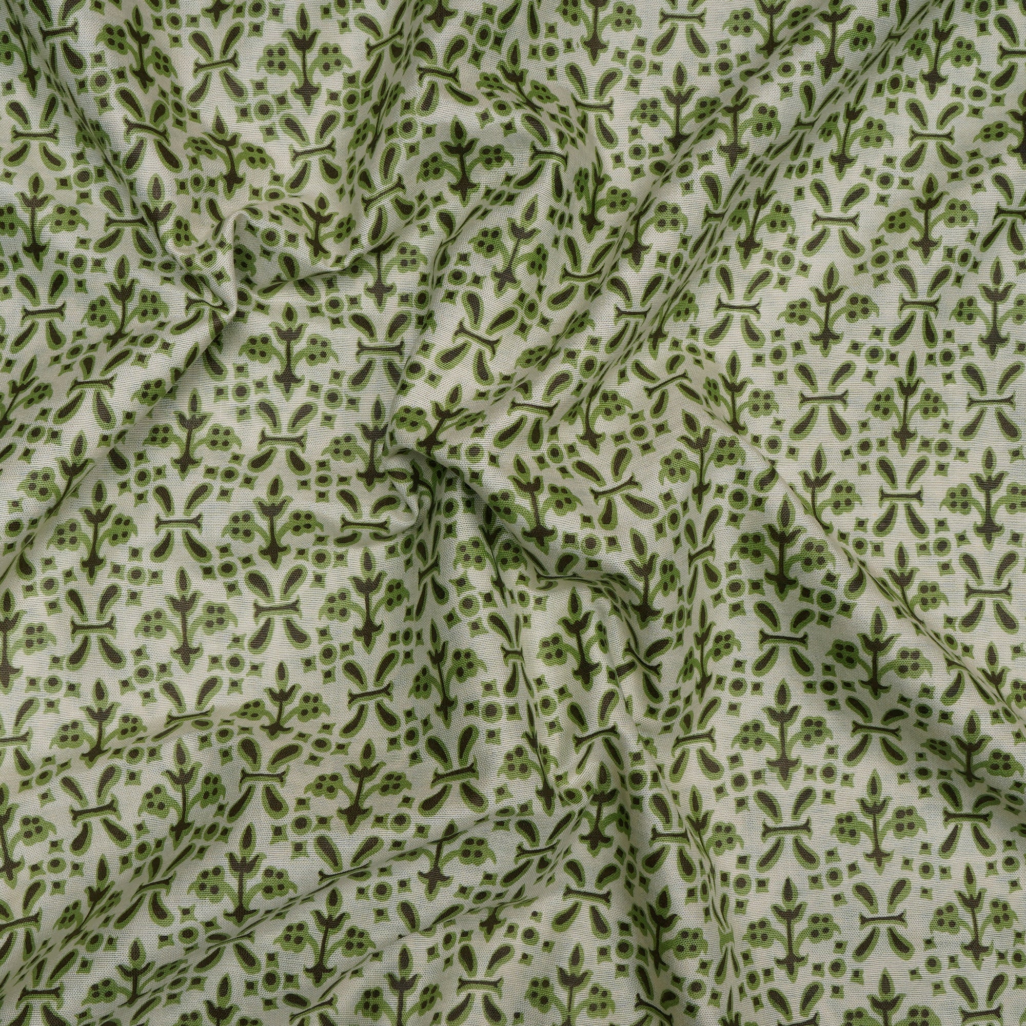 (Pre-Cut 3.70Mtr)Beige-Green Floral Pattern Digital Print Natural Silk Fabricprecuts&&2057