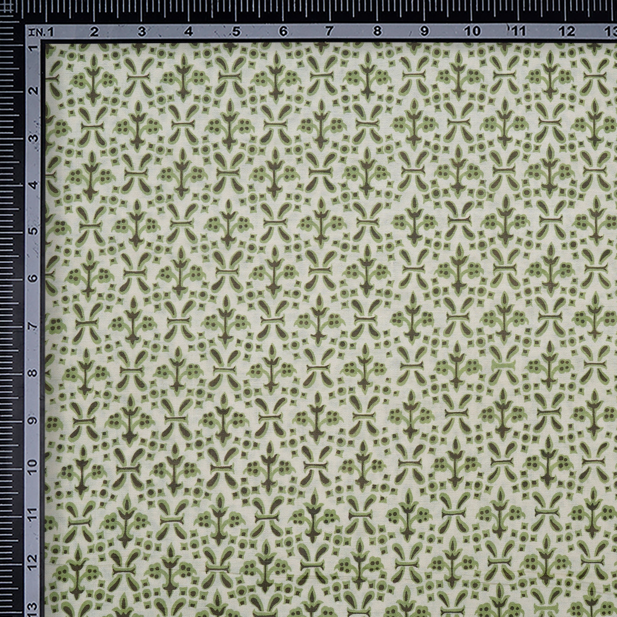 (Pre-Cut 3.70Mtr)Beige-Green Floral Pattern Digital Print Natural Silk Fabricprecuts&&2057