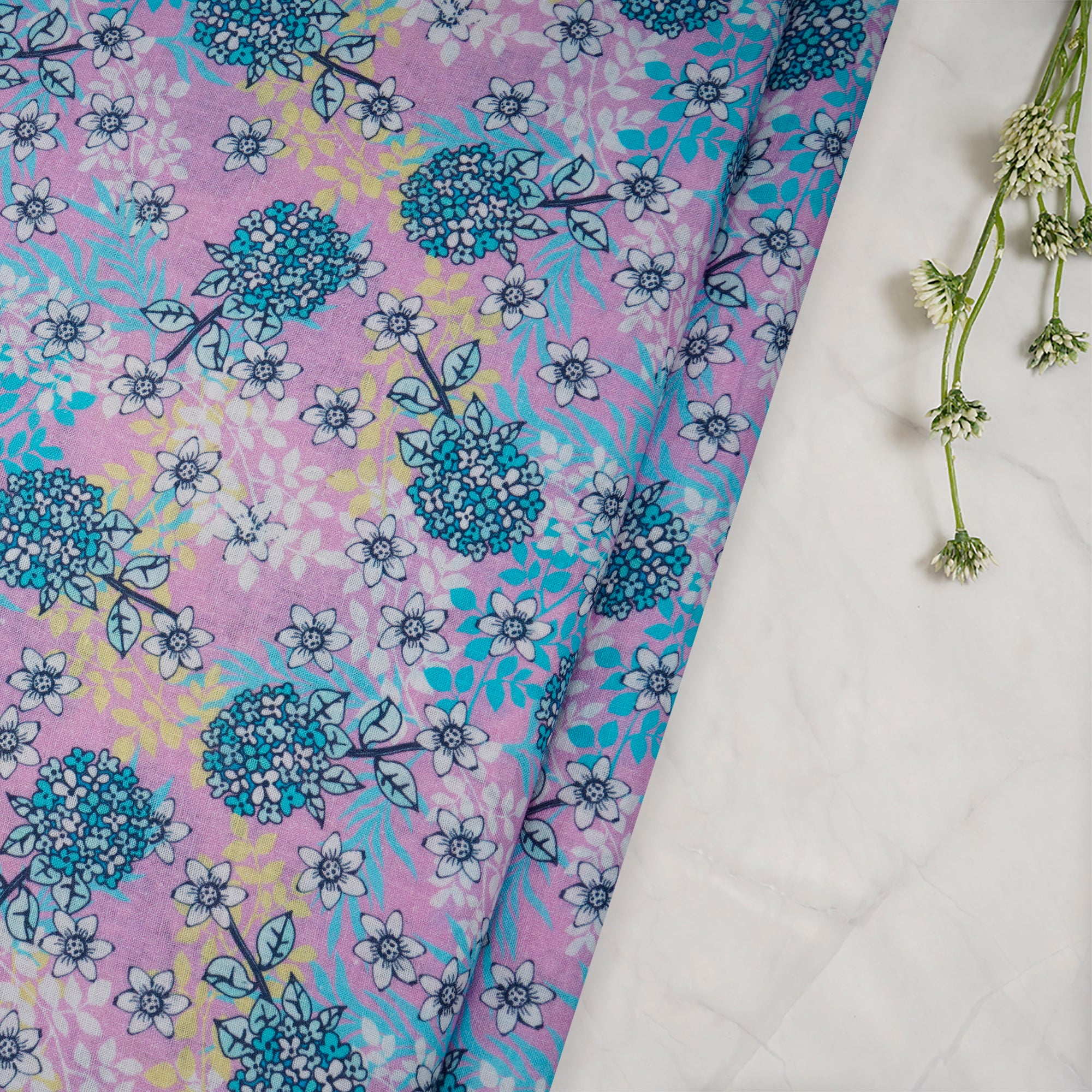 (Pre-Cut 3.60Mtr)Pink-Blue Floral Pattern Digital Printed Muslin Cotton Fabricprecuts&&2060