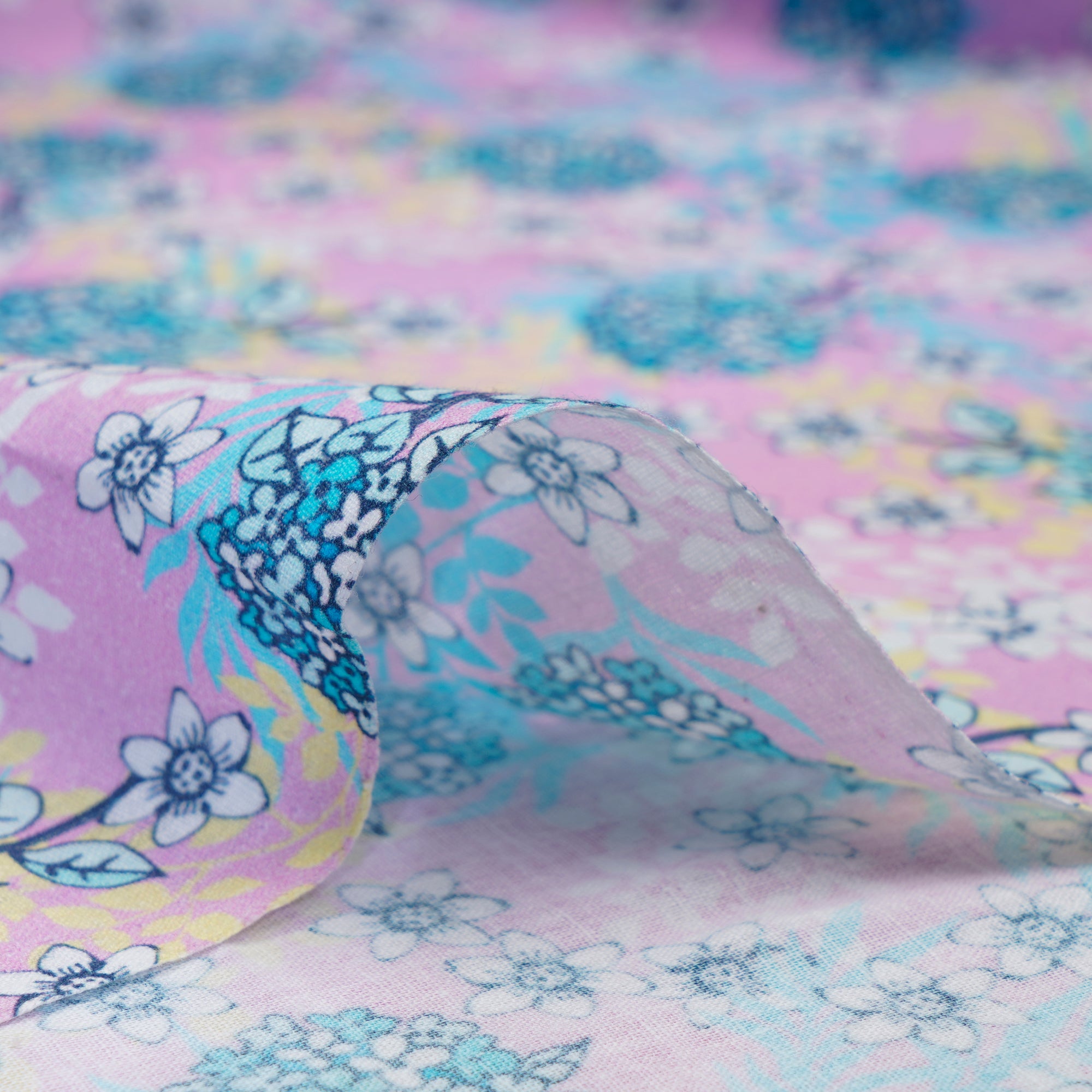 (Pre-Cut 3.60Mtr)Pink-Blue Floral Pattern Digital Printed Muslin Cotton Fabricprecuts&&2060