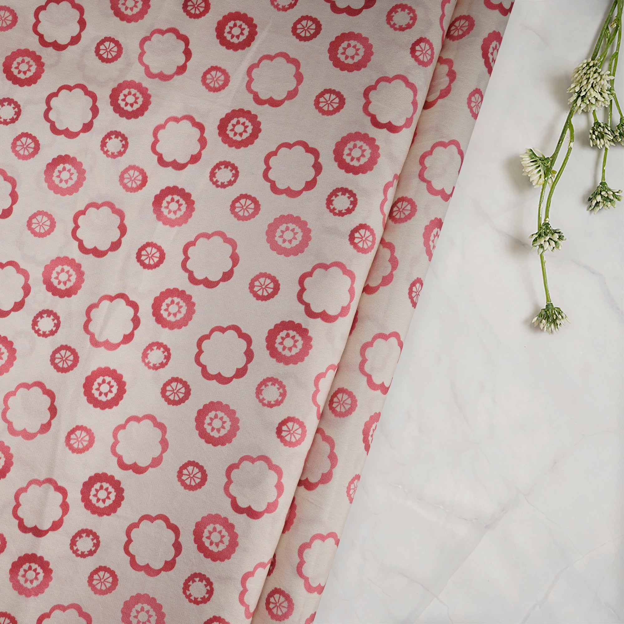 (Pre-Cut 3.70Mtr)Beige-Pink All Over Pattern Digital Print Habotai Silk Fabricprecuts&&2061